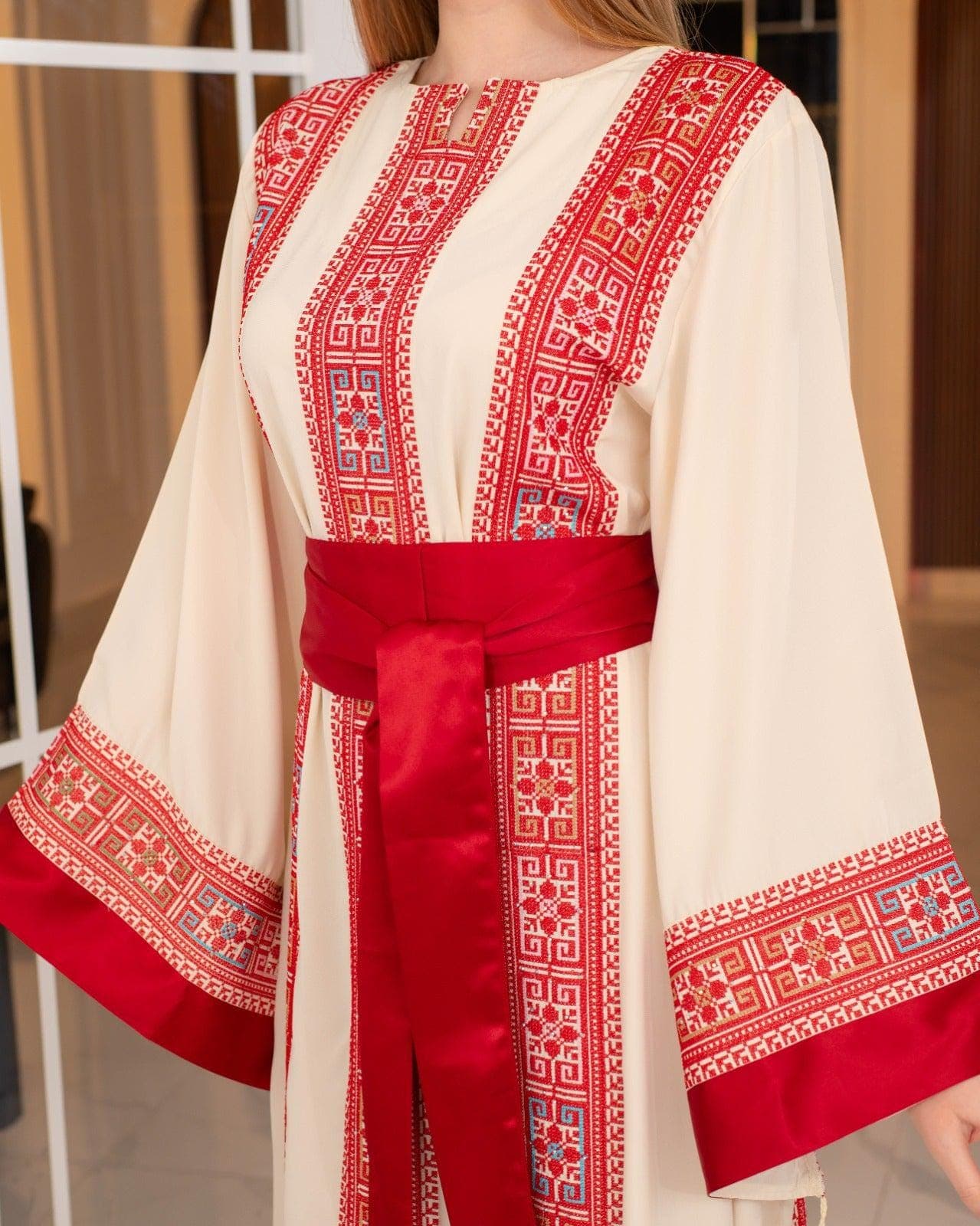 Palestinian Embroidered Thobe Dress – Cream with Red Embroidery & Satin Belt