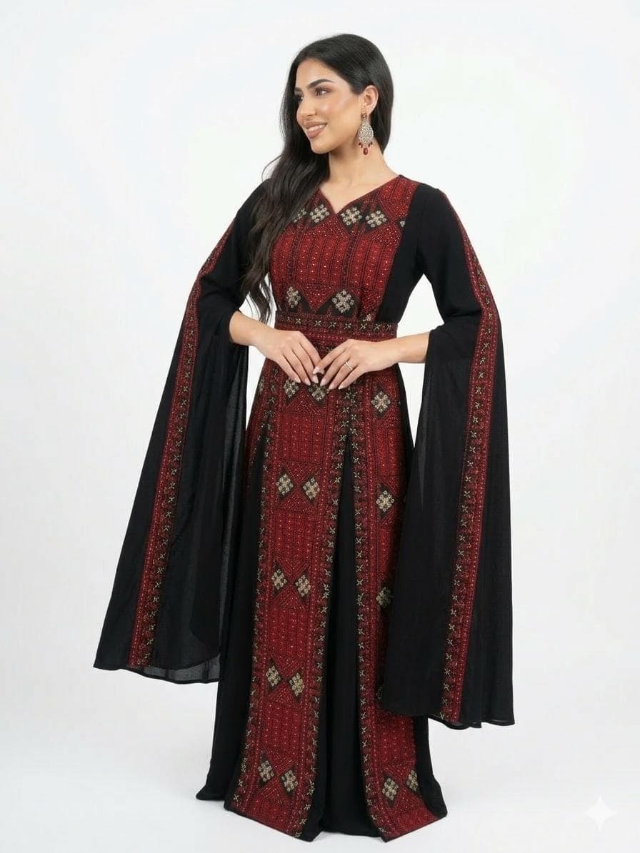 Elegant Black Maxi Dress with Red Embroidery – Batwing Sleeve Dress