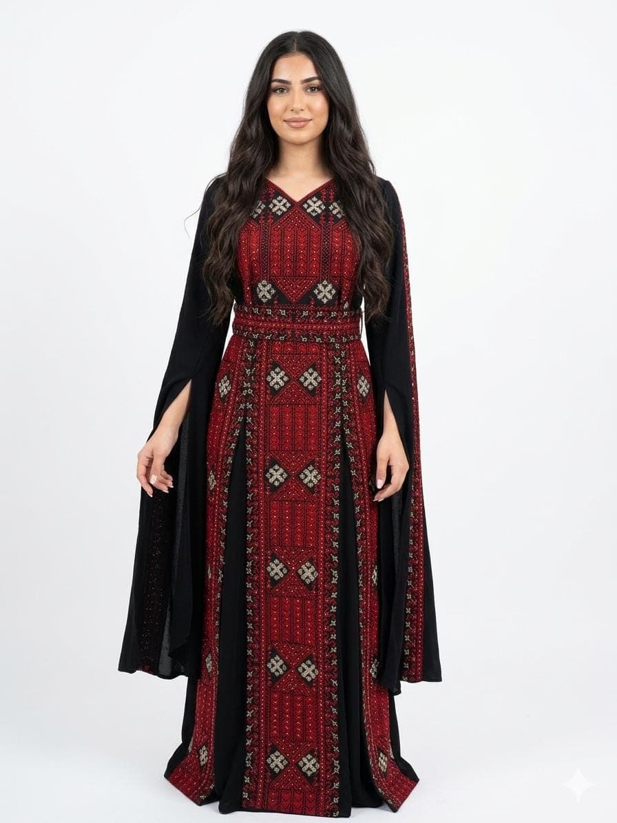 Elegant Black Maxi Dress with Red Embroidery – Batwing Sleeve Dress - image 3
