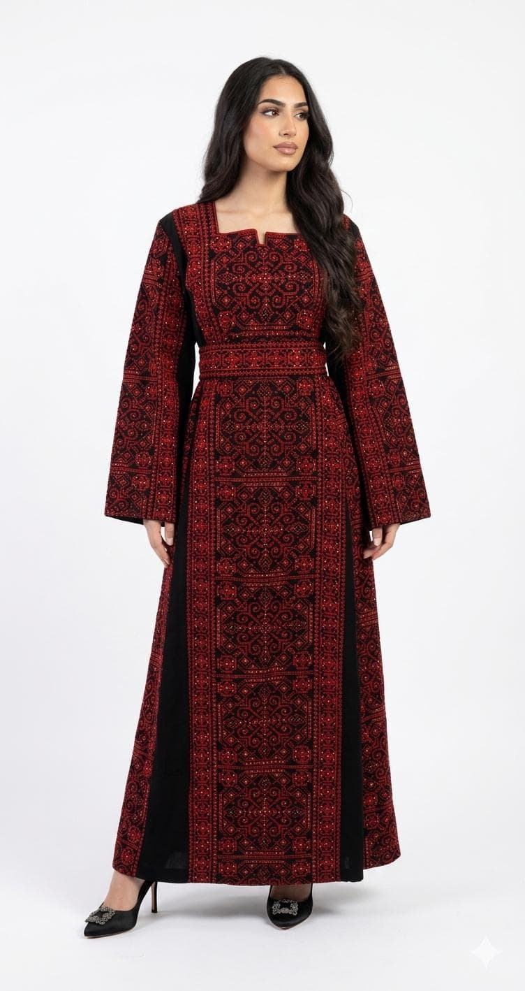 Embroidered Thobe Dress with Full Front & Back Detail, Sparkle, Red Beige