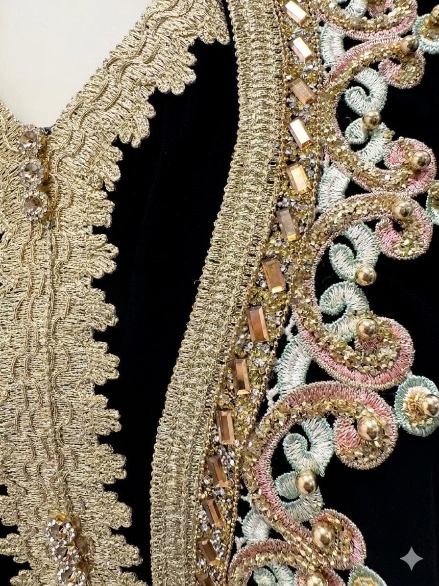 Black Two Piece Kaftan Set with Embroidered Dress and Gold Embellishments - image 3