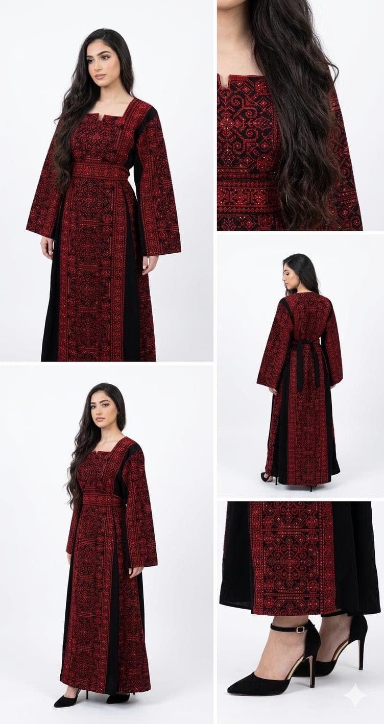 Embroidered Thobe Dress with Full Front & Back Detail, Sparkle, Red Beige - image 3