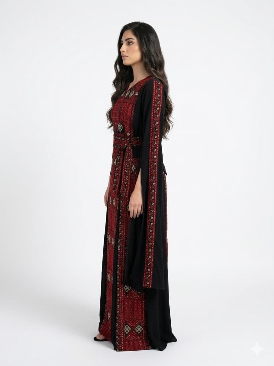 Elegant Black Maxi Dress with Red Embroidery – Batwing Sleeve Dress - image 5