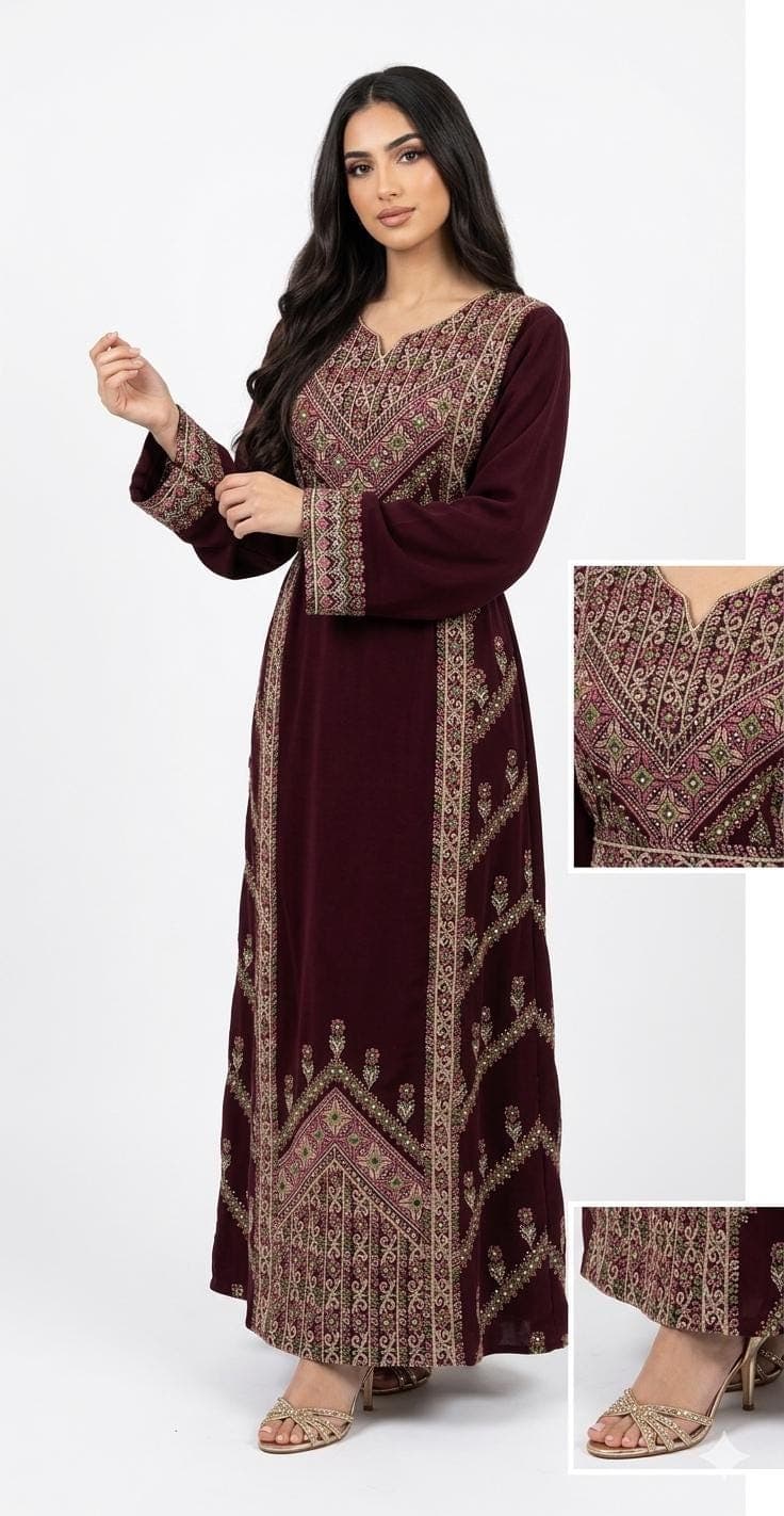Maroon Embroidered Thobe Dress, Front Back Embroidery - image 4