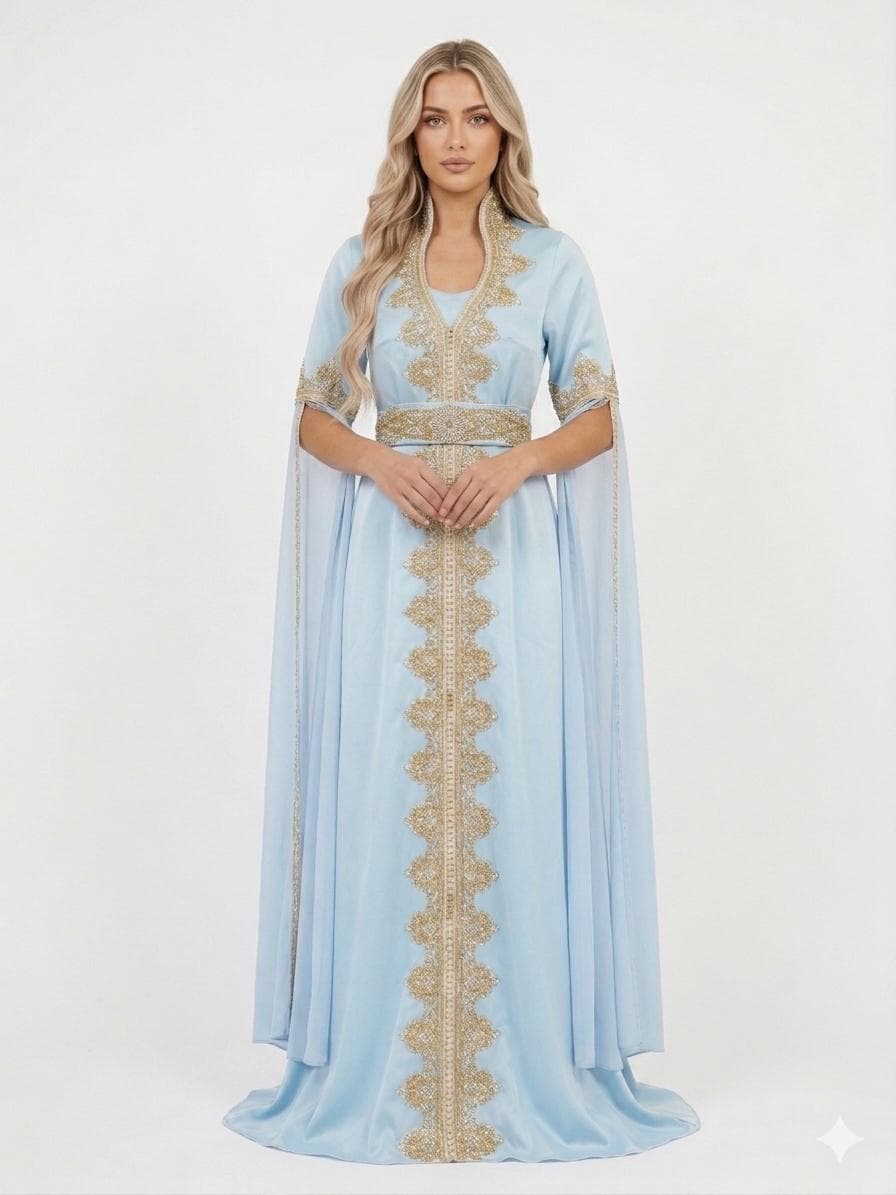 Baby Blue Kaftan Dress with Gold Embellishments, Luxury Batwing Evening Gown