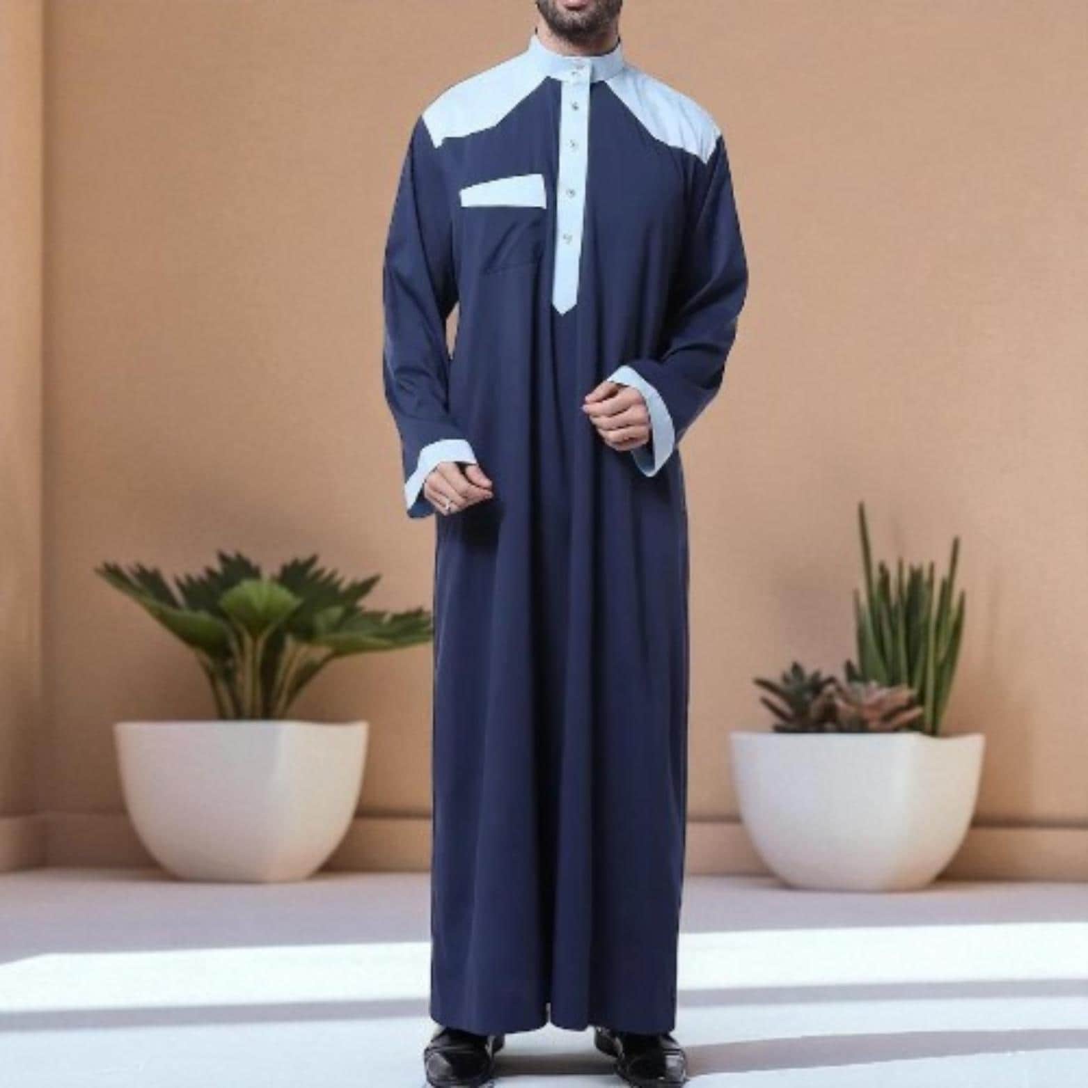 Men's Saudi Thobe Jubba: Long Sleeve Arabic Thawb Abaya Robe