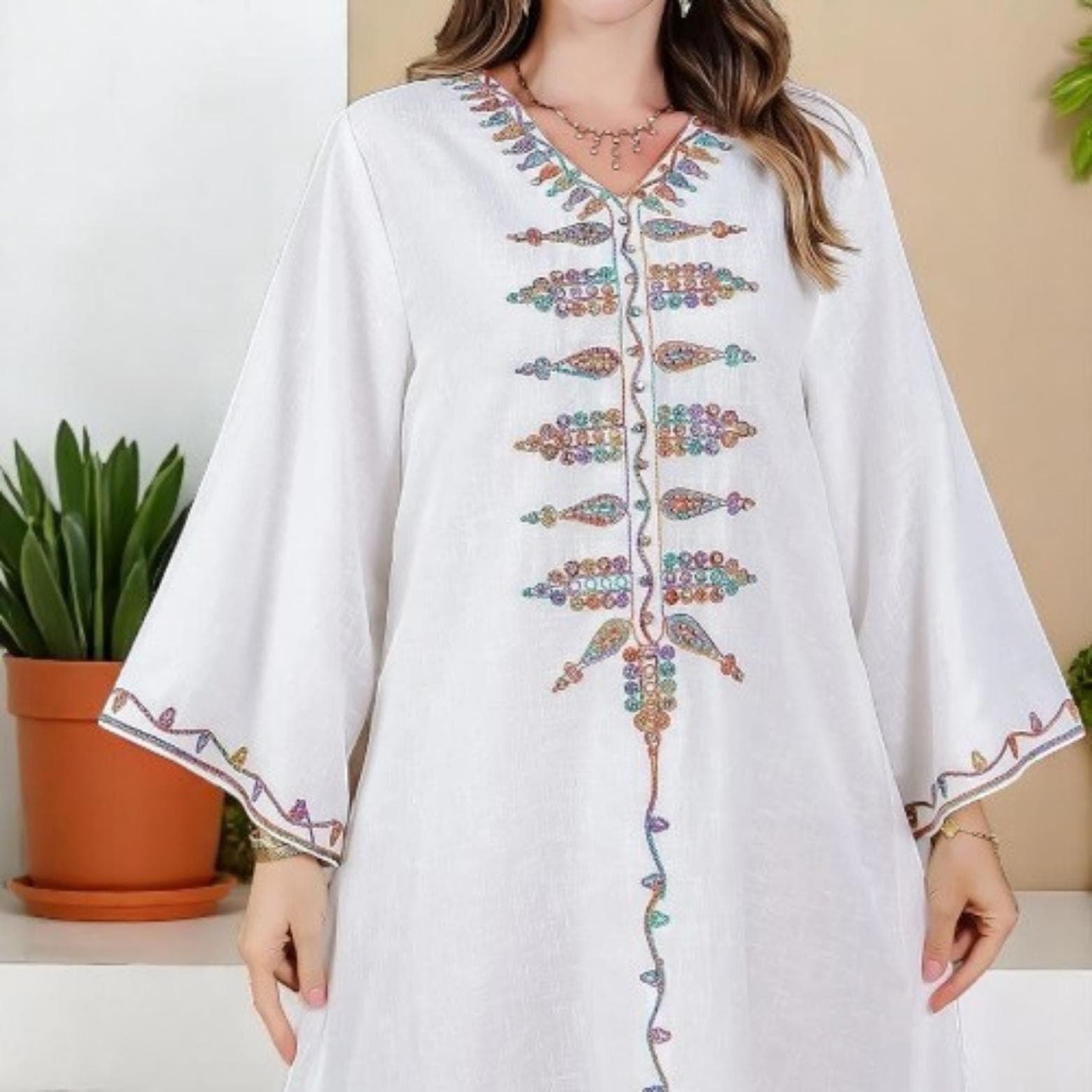 Siskakia Ramadan Muslim V-Neck Embroidery Maxi Abaya | Loose Caftan Marcaine Dresses for Women Gala - image 4
