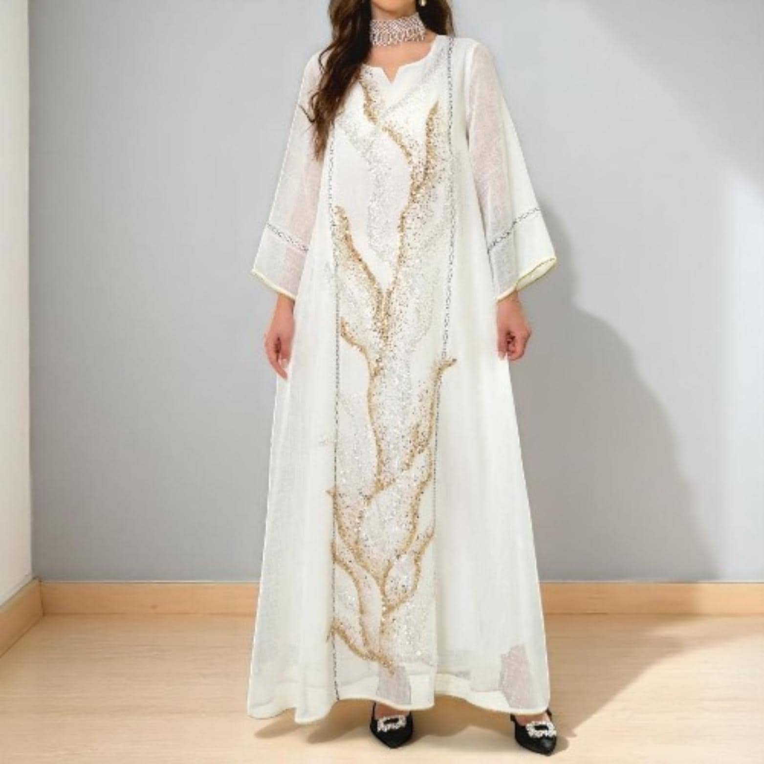 Dubai Luxury Abaya Robe β White Mesh Beaded Dress for Muslim Women β Embroidered Kaftan Jellabiya, Arabic Morocco Islamic Clothing - image 3