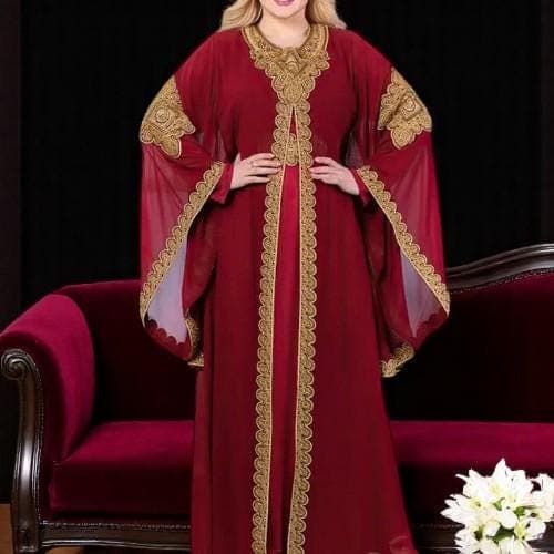 Embroidered Gold Lace Abaya Caftan: Muslim 2-Piece Eid Dress - image 5