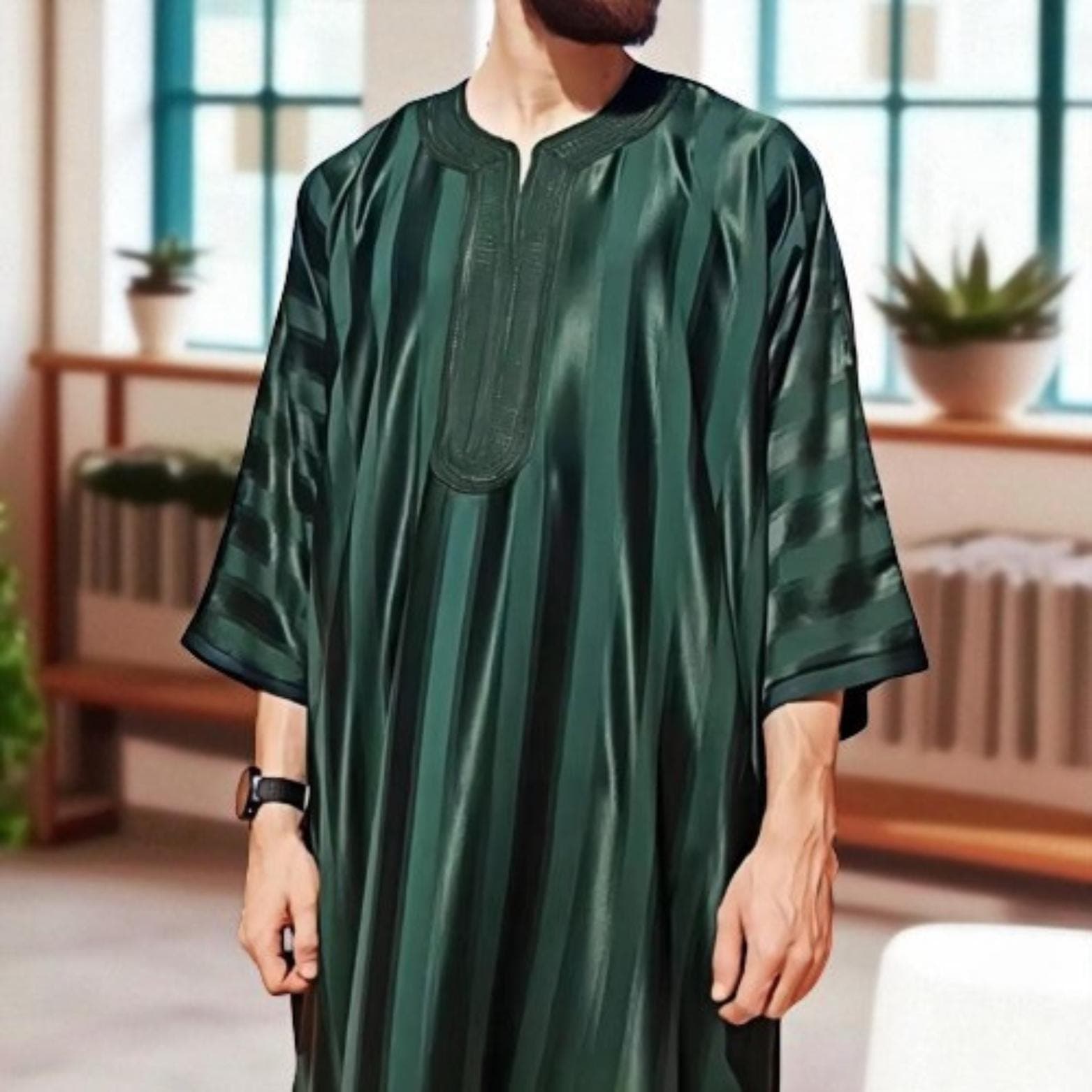 Embroidered Men's Thobe: Saudi Moroccan Islamic Robe - image 4