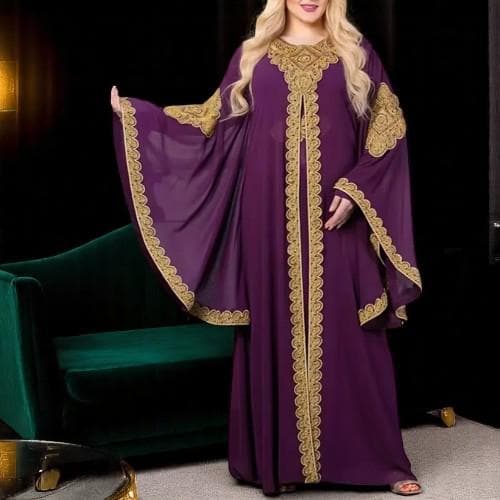 Embroidered Gold Lace Abaya Caftan: Muslim 2-Piece Eid Dress