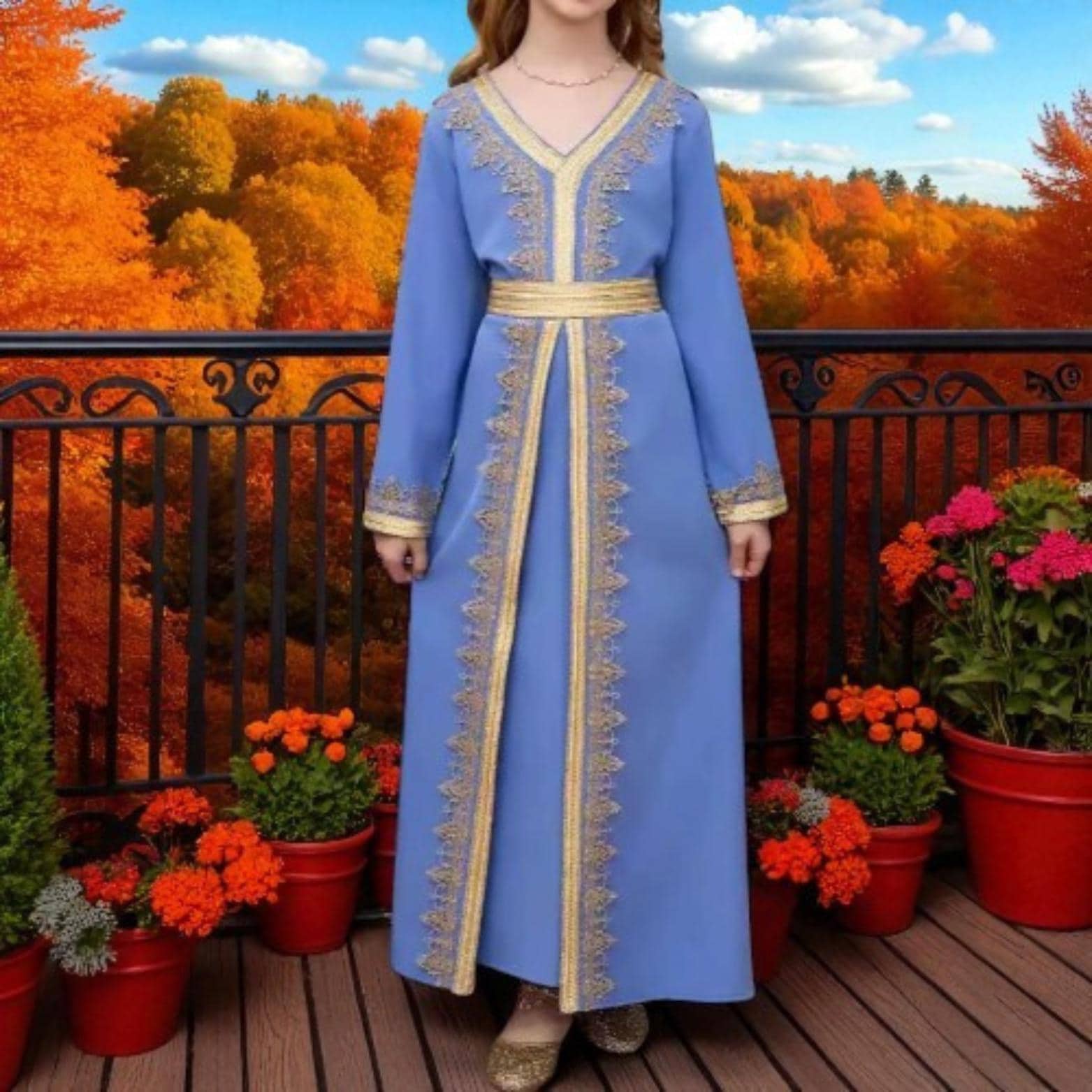 Girls' Lace Abaya – Eid Muslim Kaftan Dress with Sash