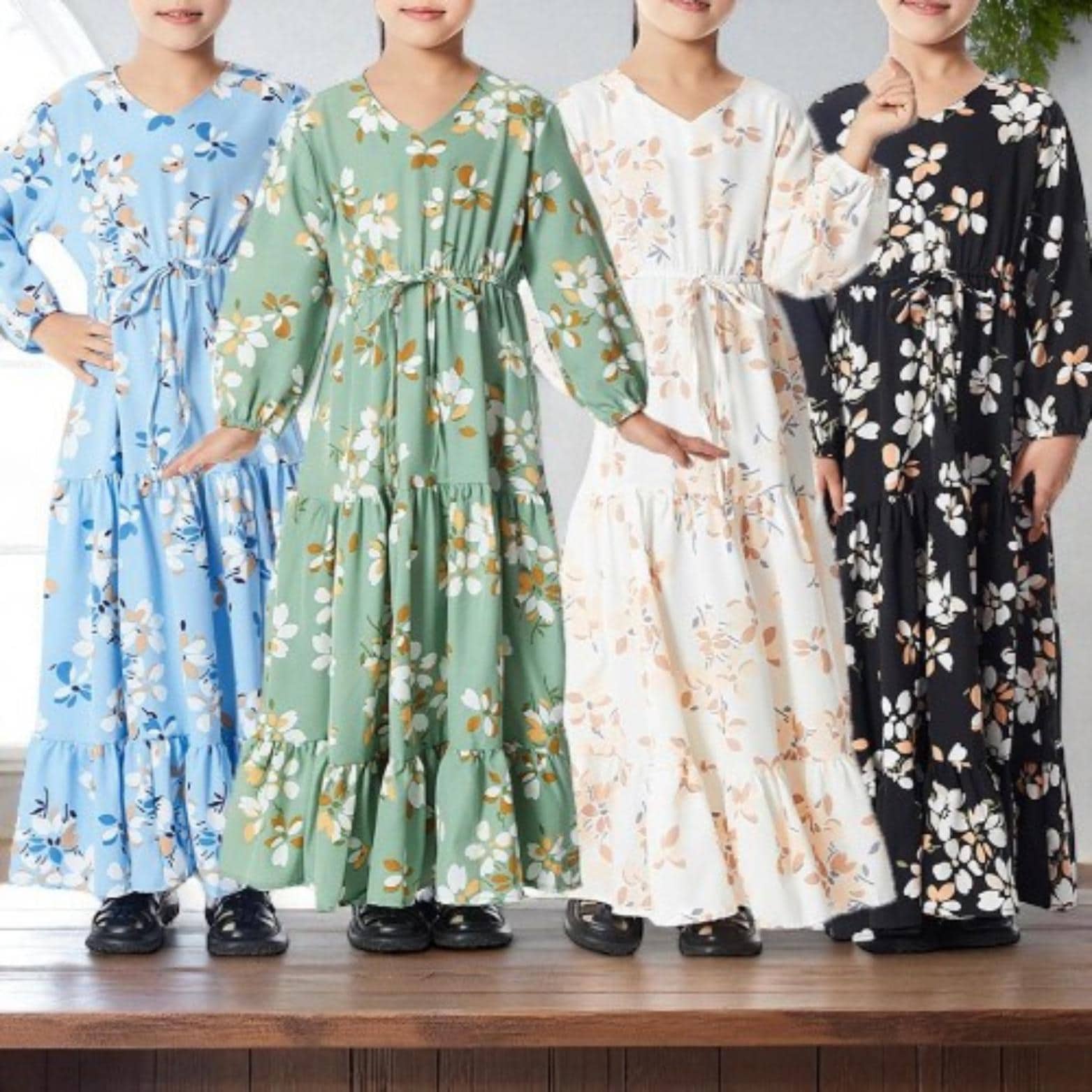Girls' Floral Print Abaya – Muslim Eid Party Dress, Islamic Kaftan