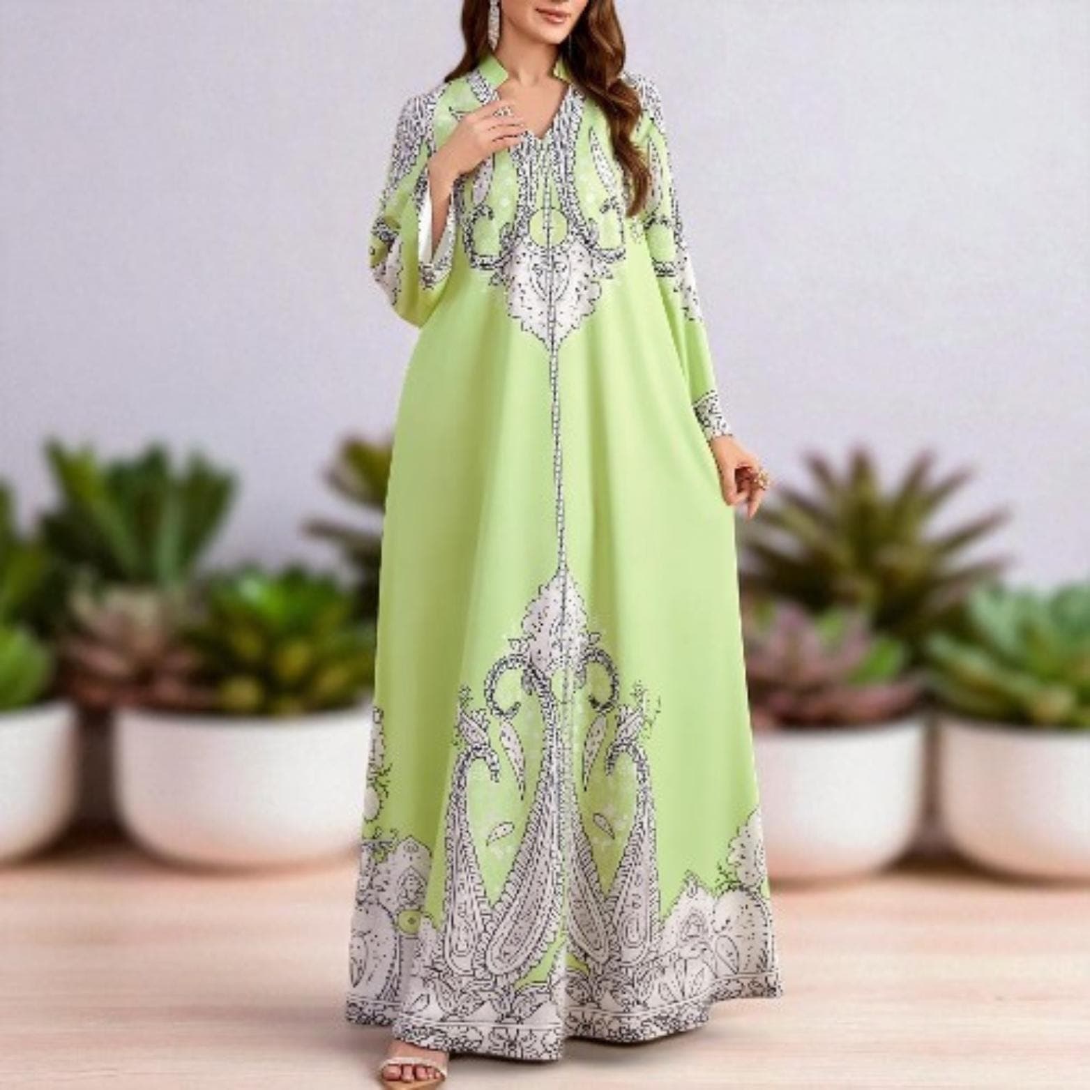 Morocco Floral Print Abaya: Long Sleeve Dubai Kaftan Robe - image 3