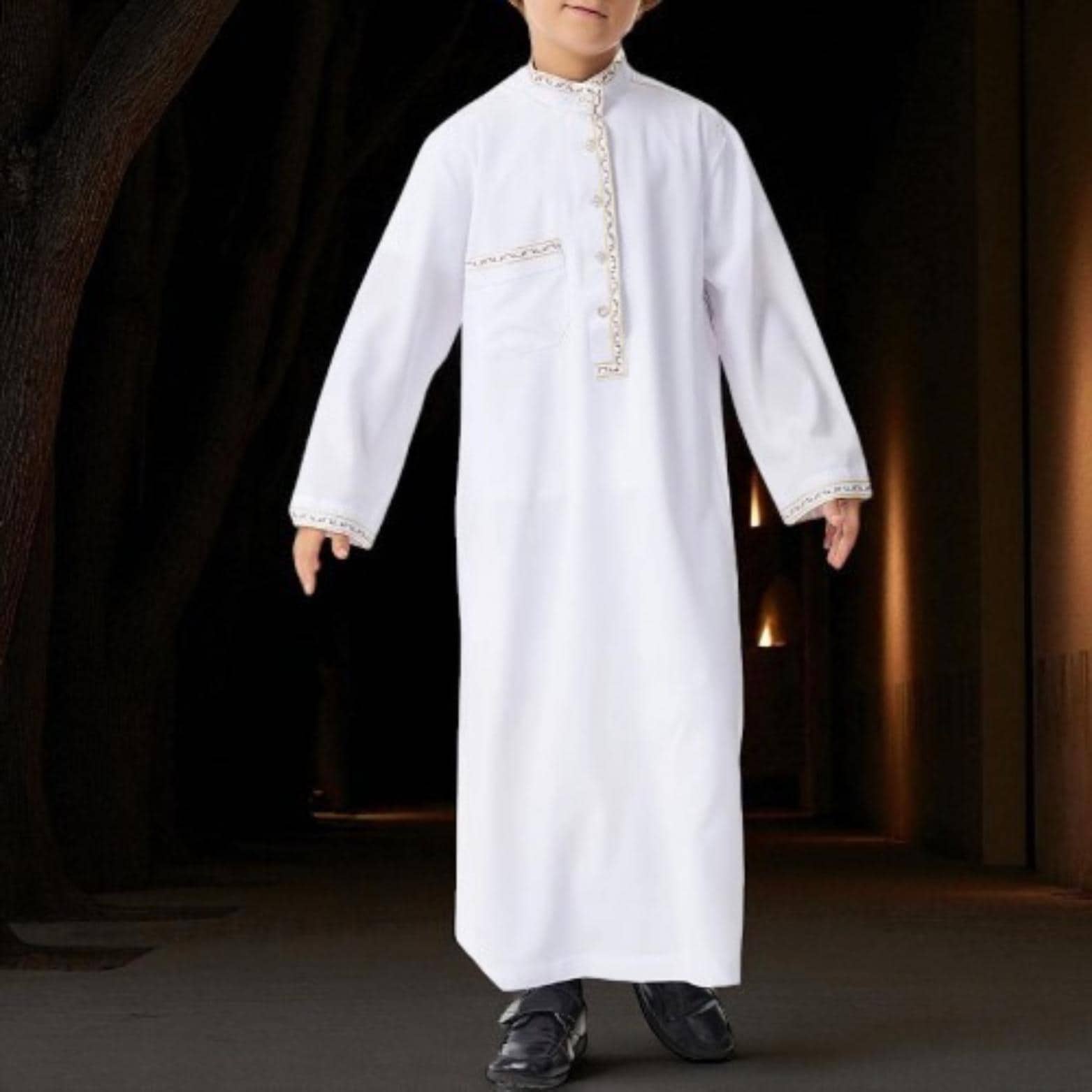 Boys' White Thobe - Long Sleeve Caftan, Islamic Eid Outfit