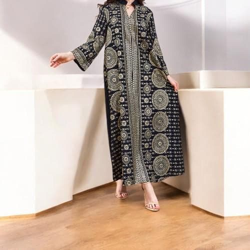 Embroidered Sequin Abaya Dress: Muslim Eid Kaftan Robe