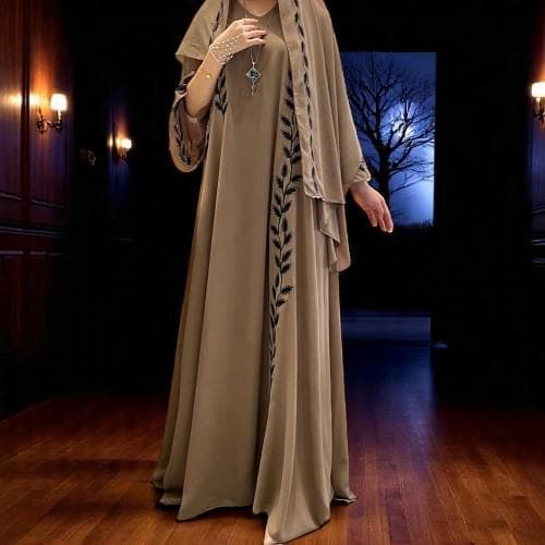 Embroidered Muslim Abaya: 2-Piece Dubai Kaftan Dress with Scarf