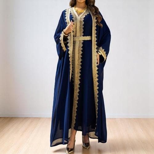 Luxury Lace Abaya Dress: Dubai Kaftan with Batwing Sleeves