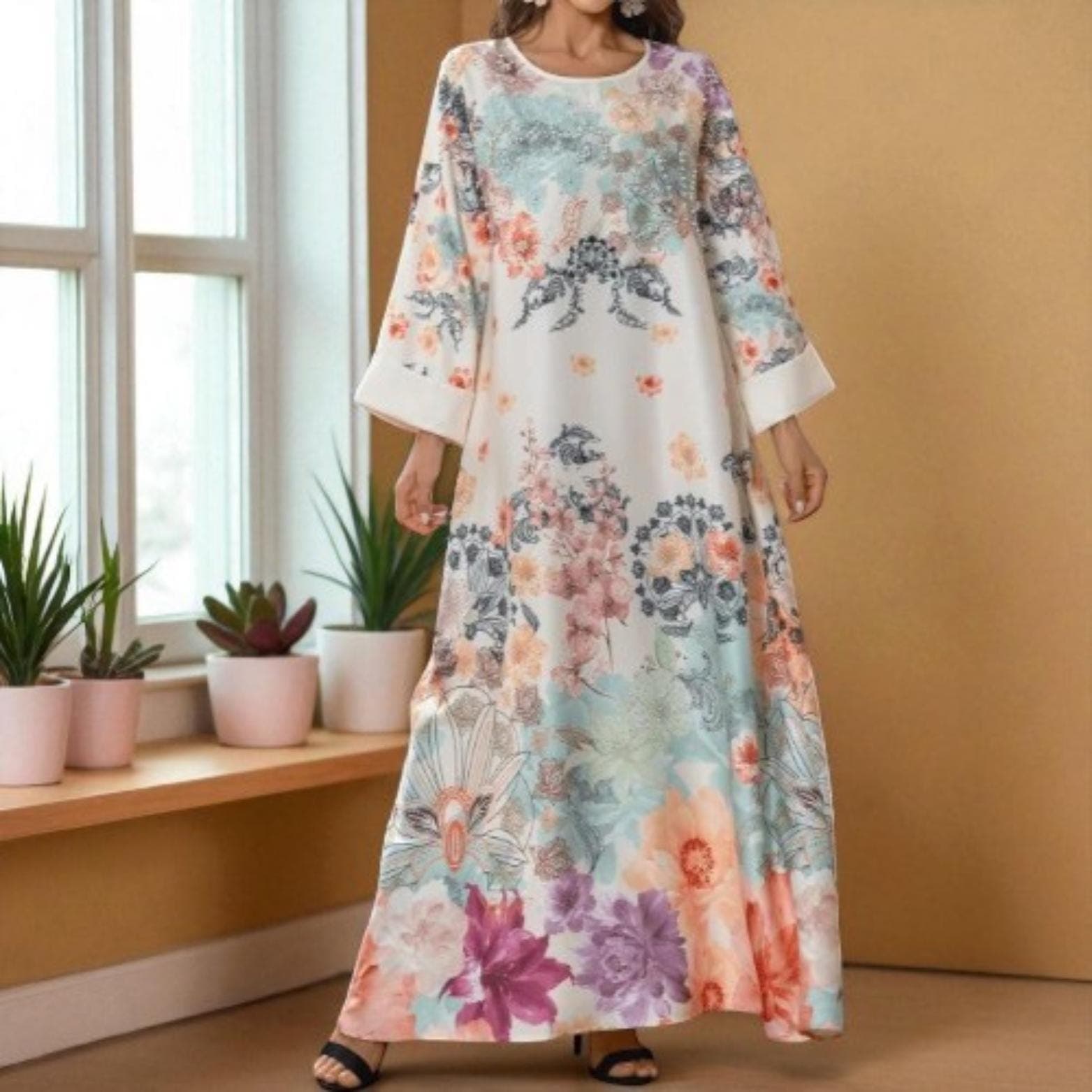 Floral Print Muslim Robe: Rhinestone Arab Ladies Dress - image 3