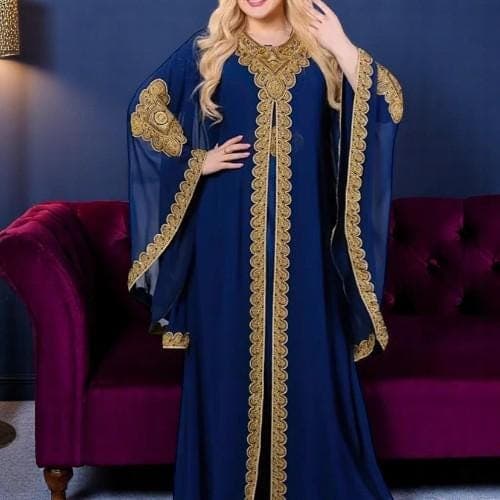 Embroidered Gold Lace Abaya Caftan: Muslim 2-Piece Eid Dress - image 3