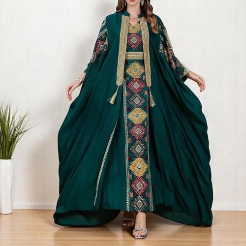 Embroidered Abaya Dress & Open Cardigan: Dubai Ramadan Kaftan