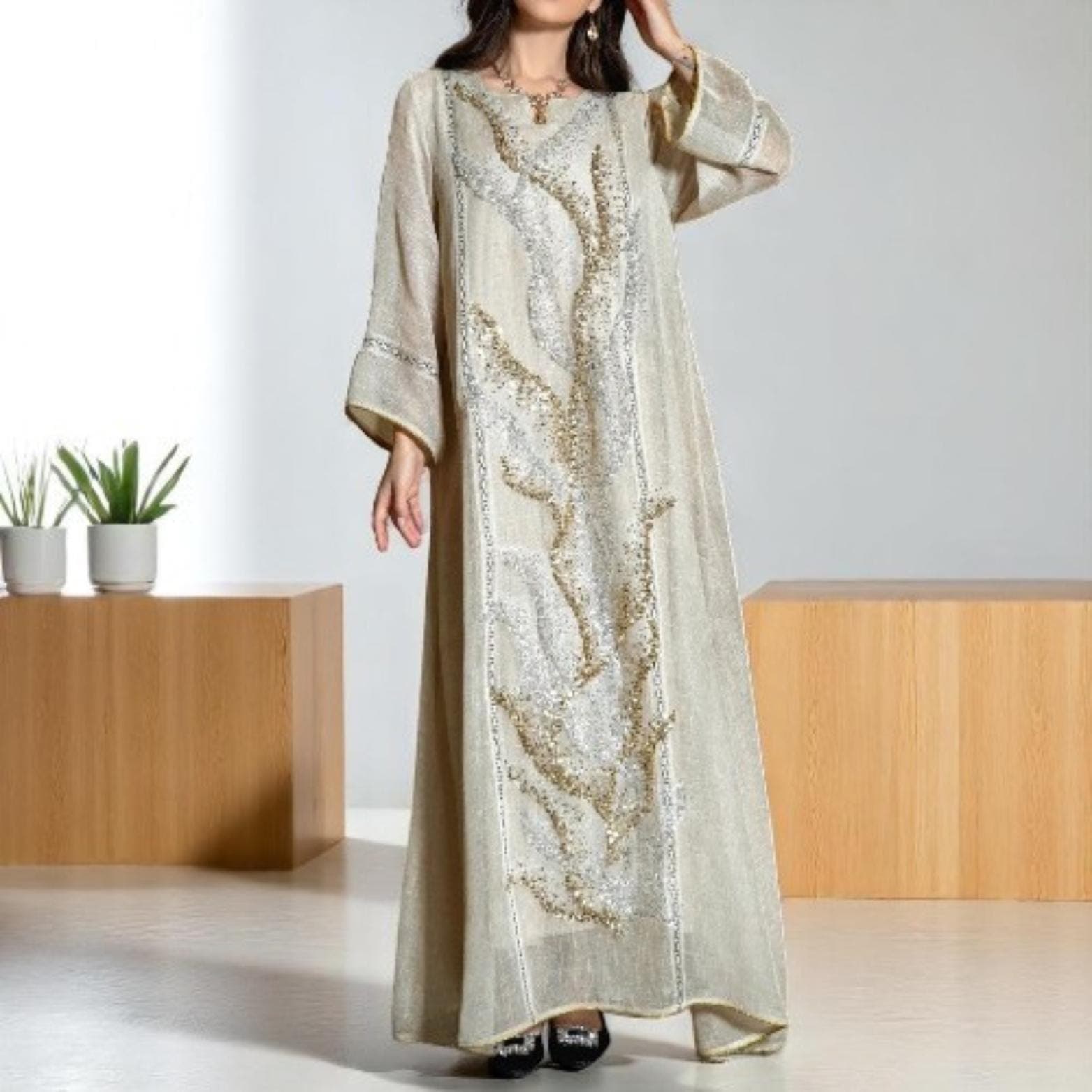 Dubai Luxury Abaya Robe β White Mesh Beaded Dress for Muslim Women β Embroidered Kaftan Jellabiya, Arabic Morocco Islamic Clothing - image 4