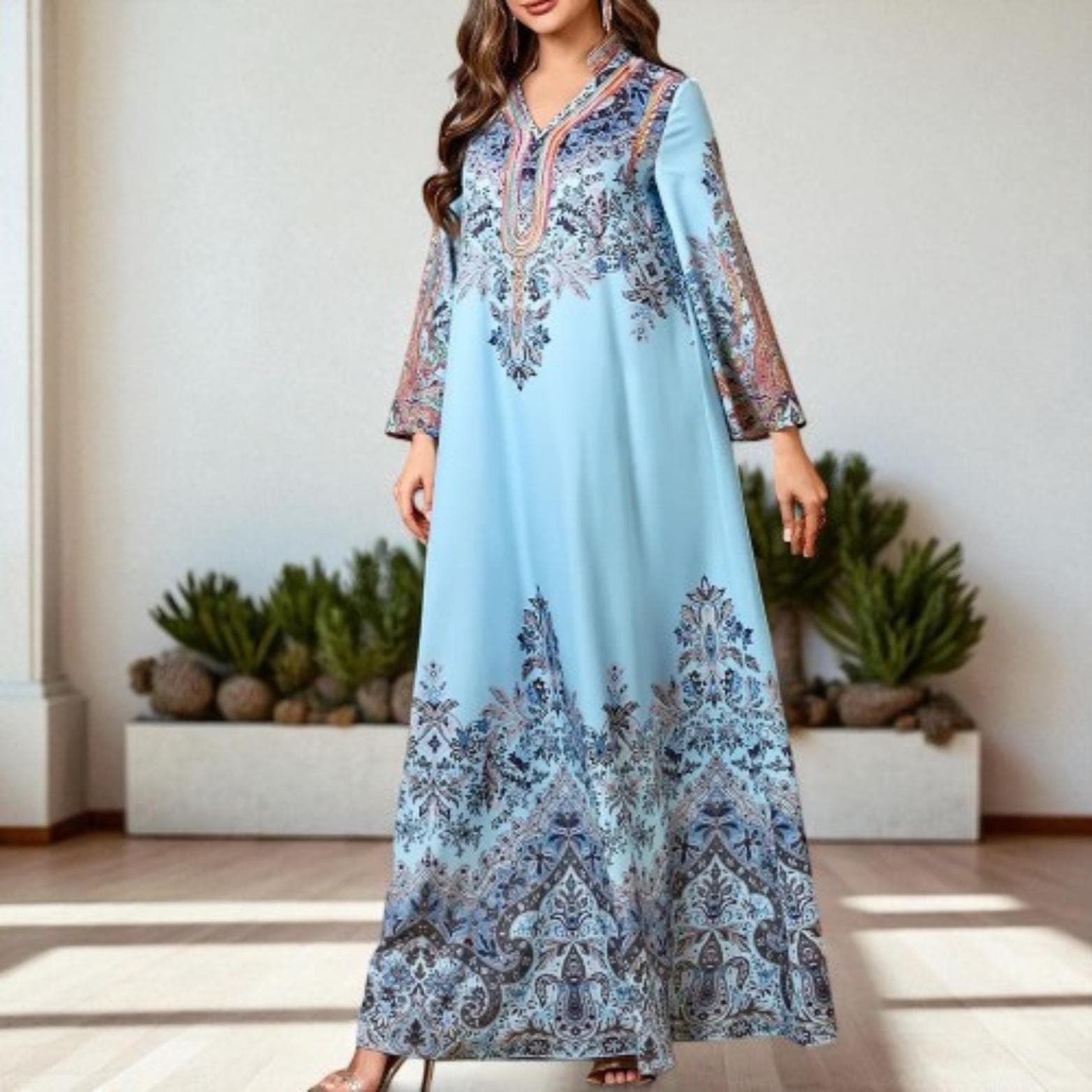 Eid Mubarak Floral Abaya Dress: Dubai Kaftan Robe - image 3