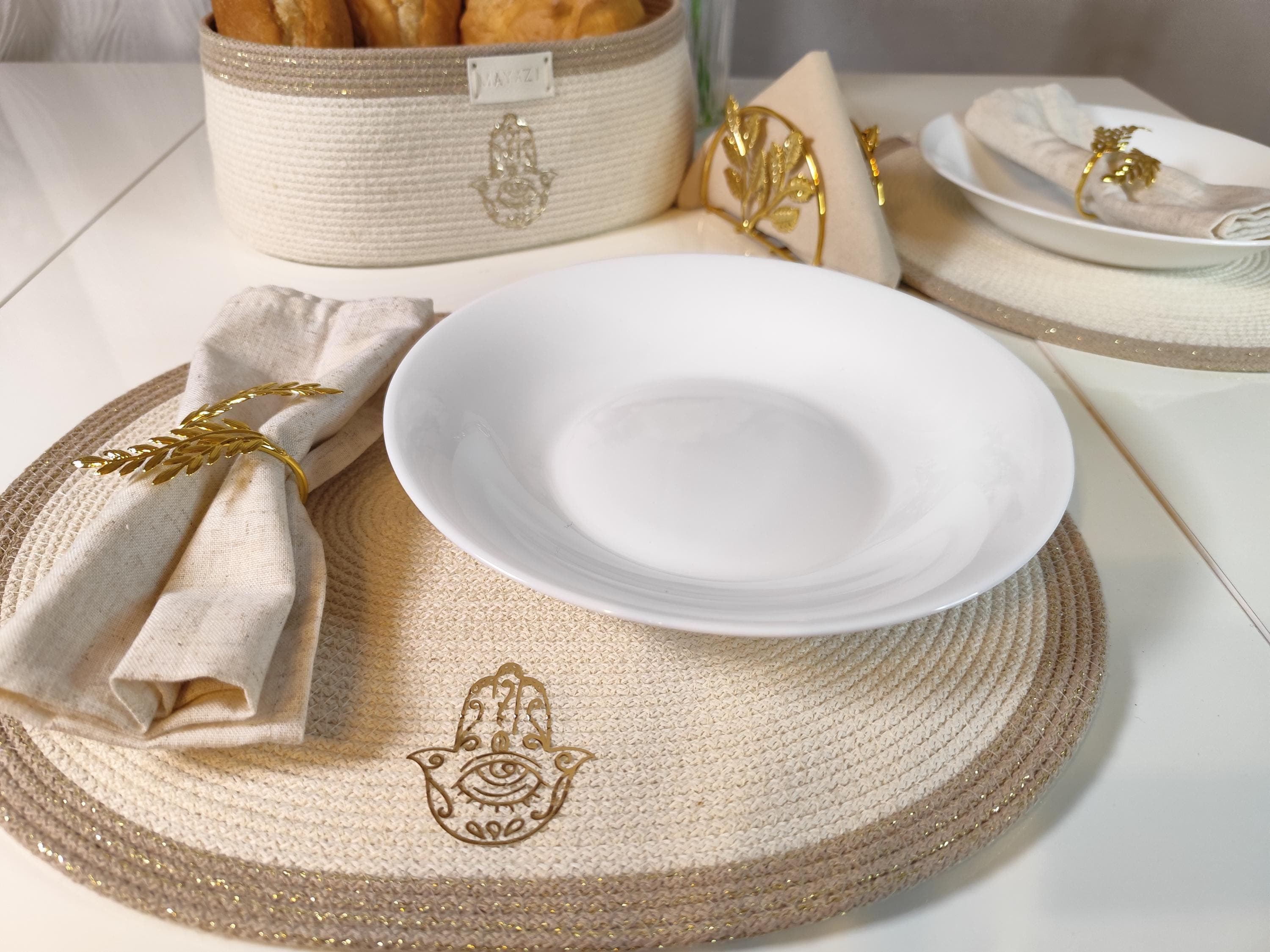 Khomsa Hand Placemats & Bread Basket Set,  Hand of Fatima Table Decor , Tunisian Boho Chic Dining and Gift Idea