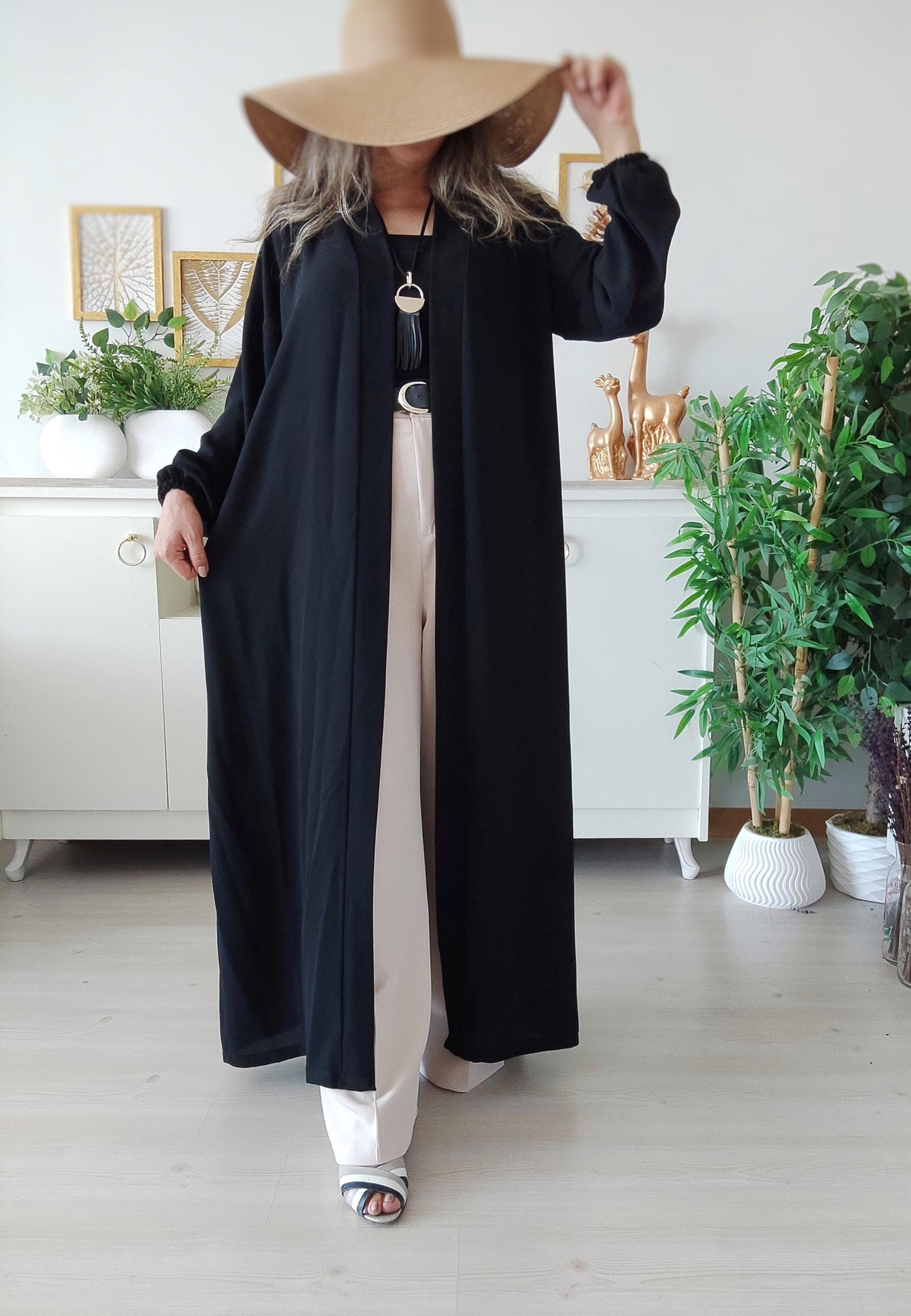 Back view of black modest kimono abaya – lightweight and perfect for everyday or special occasions