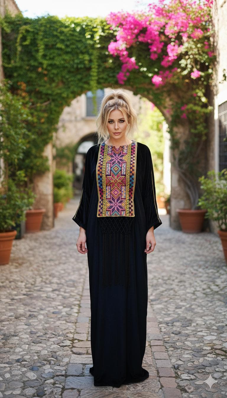 velvet black Abaya kaftan Dress with tatreez| Embroidered Bisht Thobe