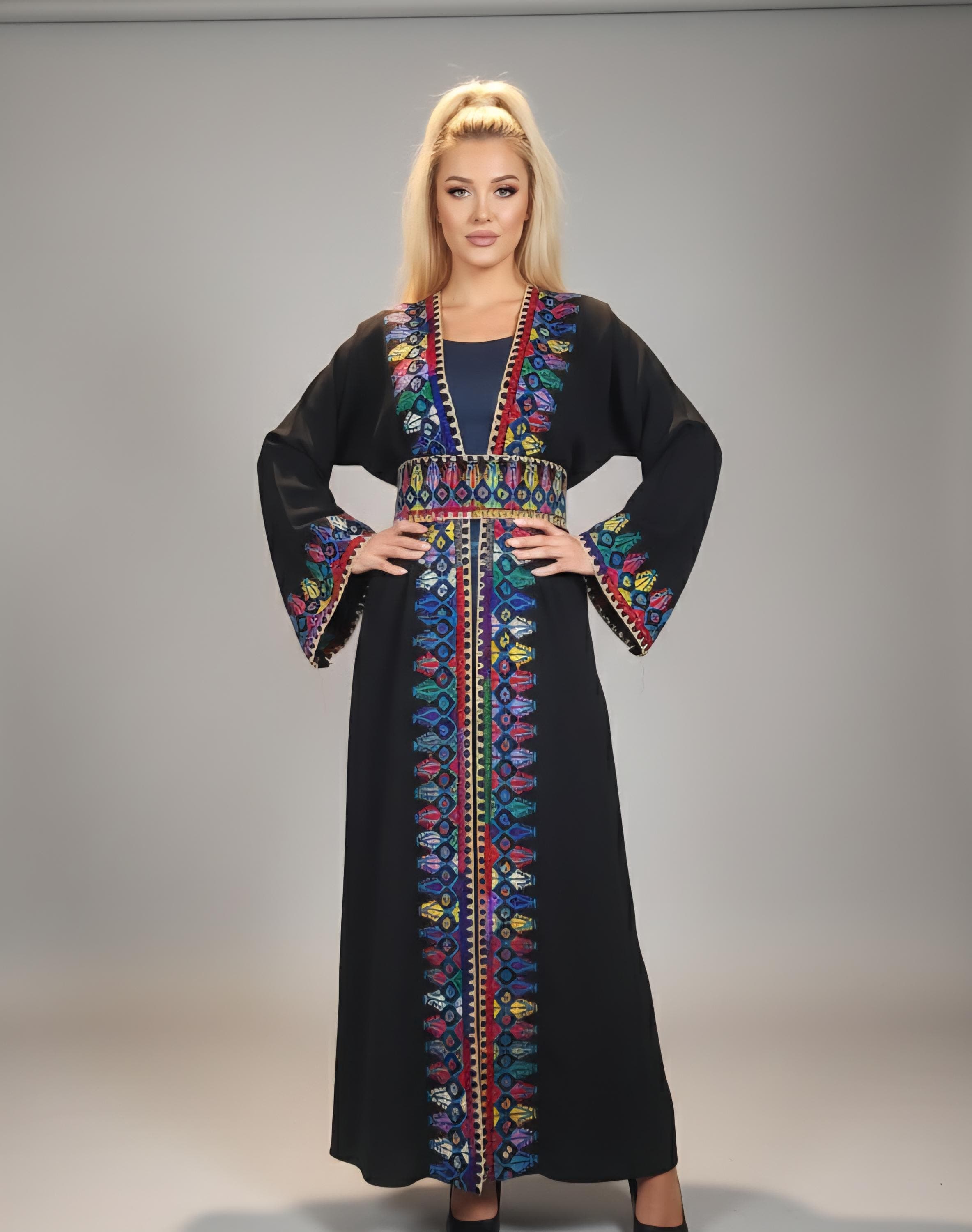 Hand Embroidered Palestinian Tatreez Abaya: Cape Shawl Kimono