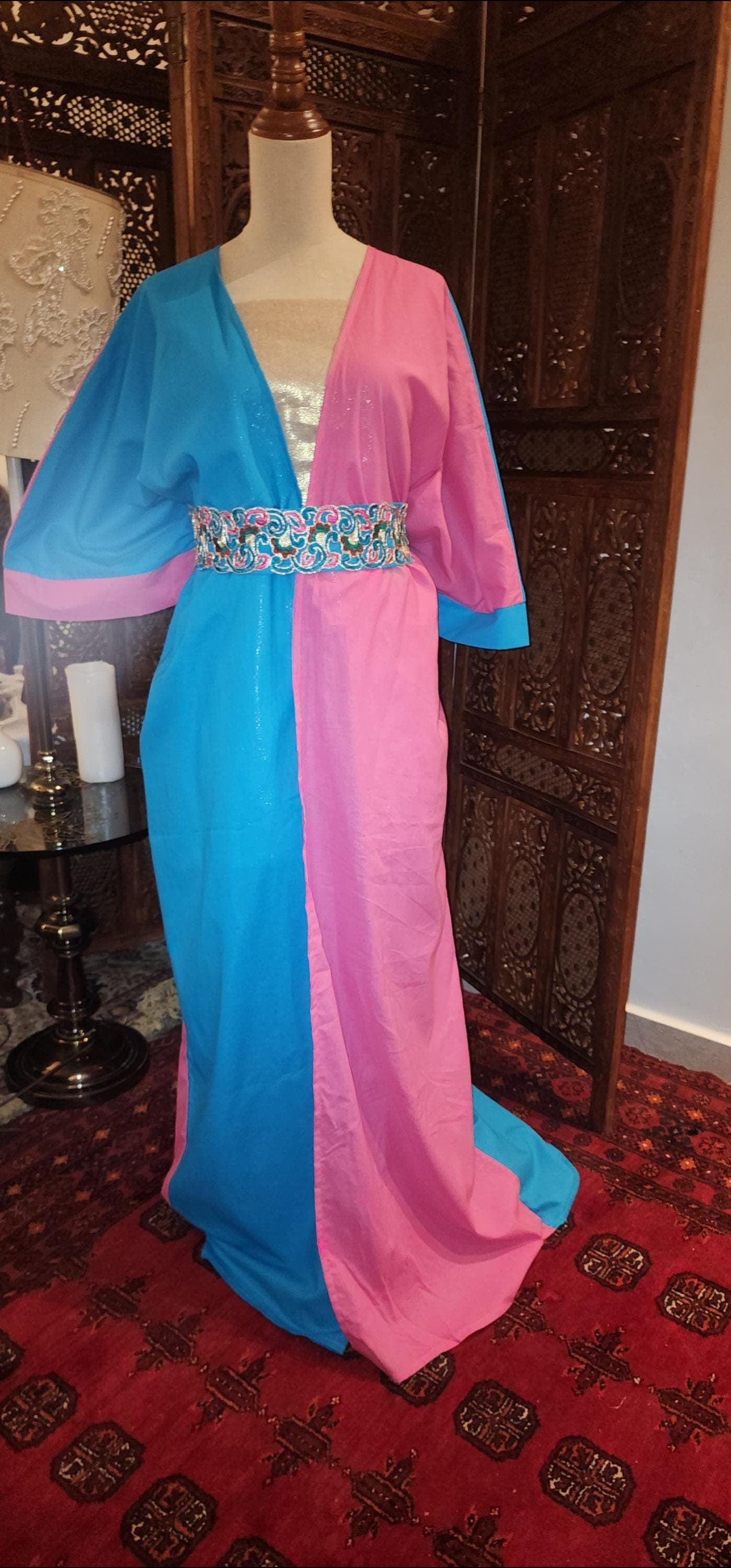 Azure & Fuchsia Linen Abaya Kimono with Embroidered Belt - image 4