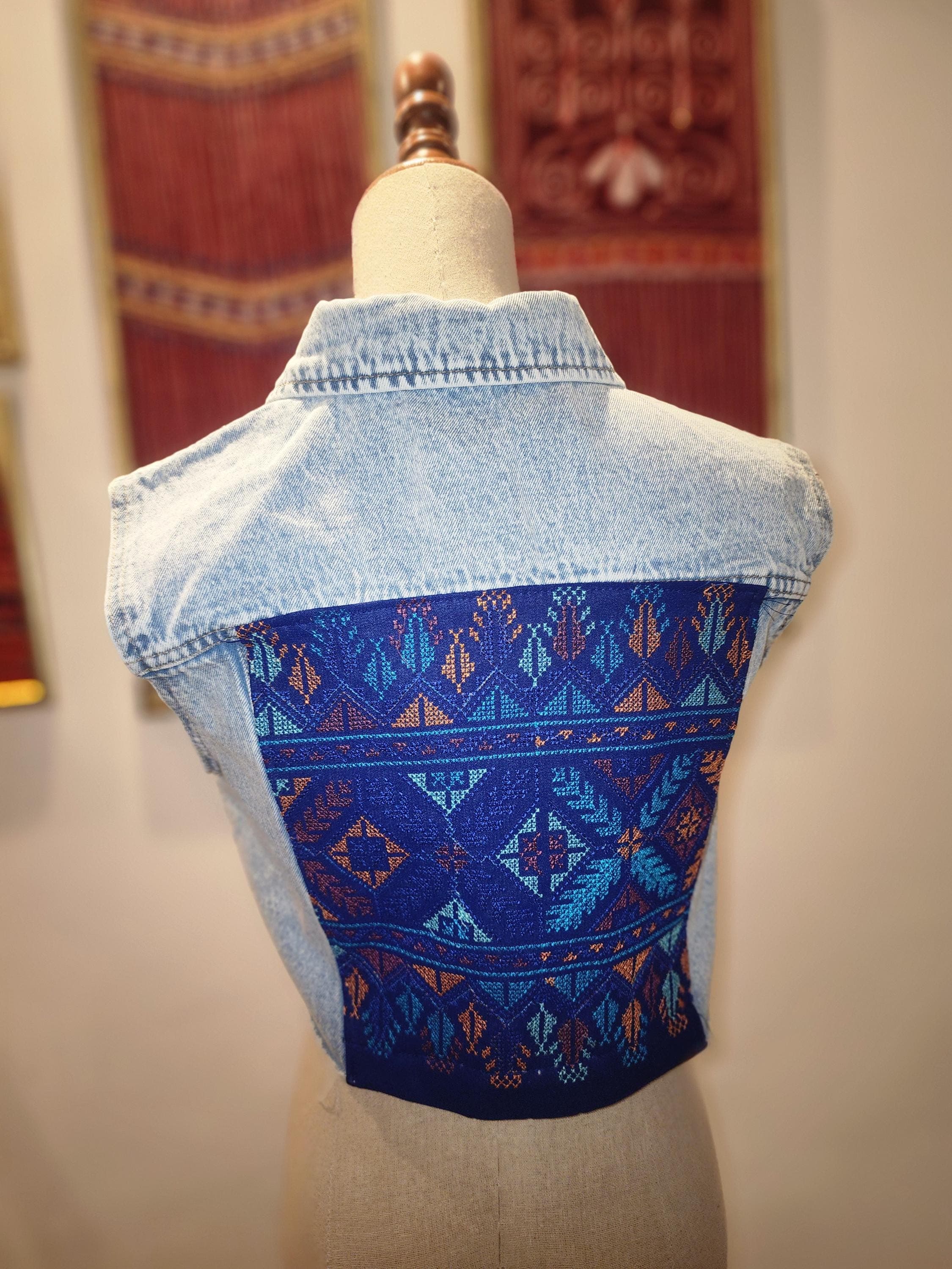 Embroidered Denim Vest with Silver Beaded Fringe – Crop vest