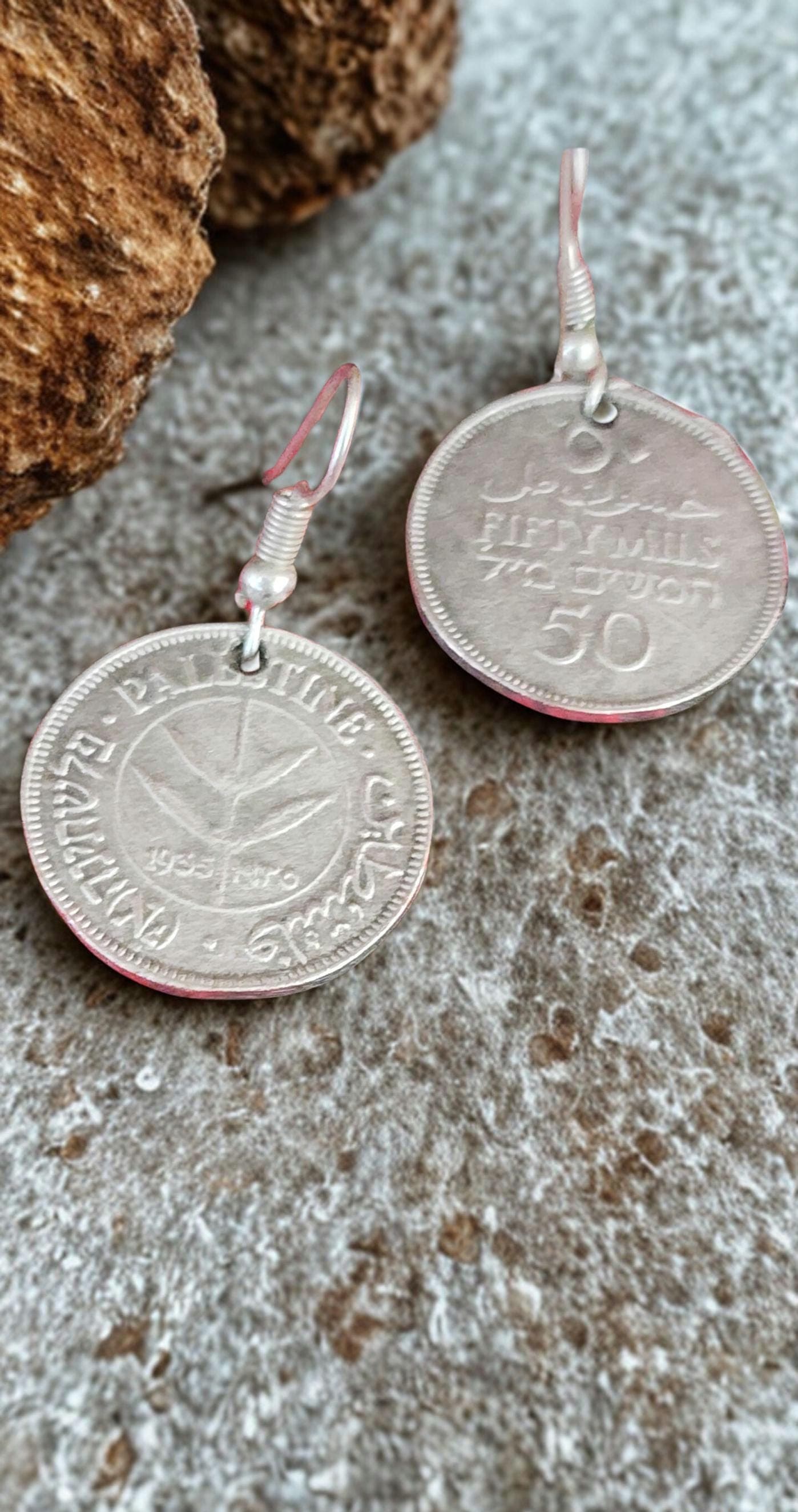 Antique-Style Palestinian Coin Earrings – 50 Mils Replica (Silver-Plated - image 3