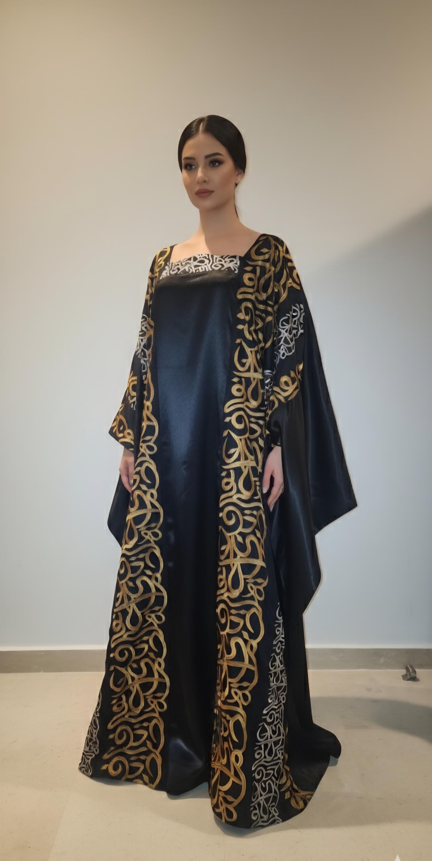 Satin Abaya Dress: Embroidered Middle Eastern Thobe,calligraphy, luxury modest wear