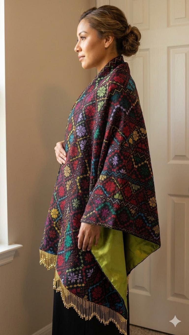 Handmade Palestinian Tatreez Shawl: Embroidered Etamine Wrap with green tefta Lining with beads fringes