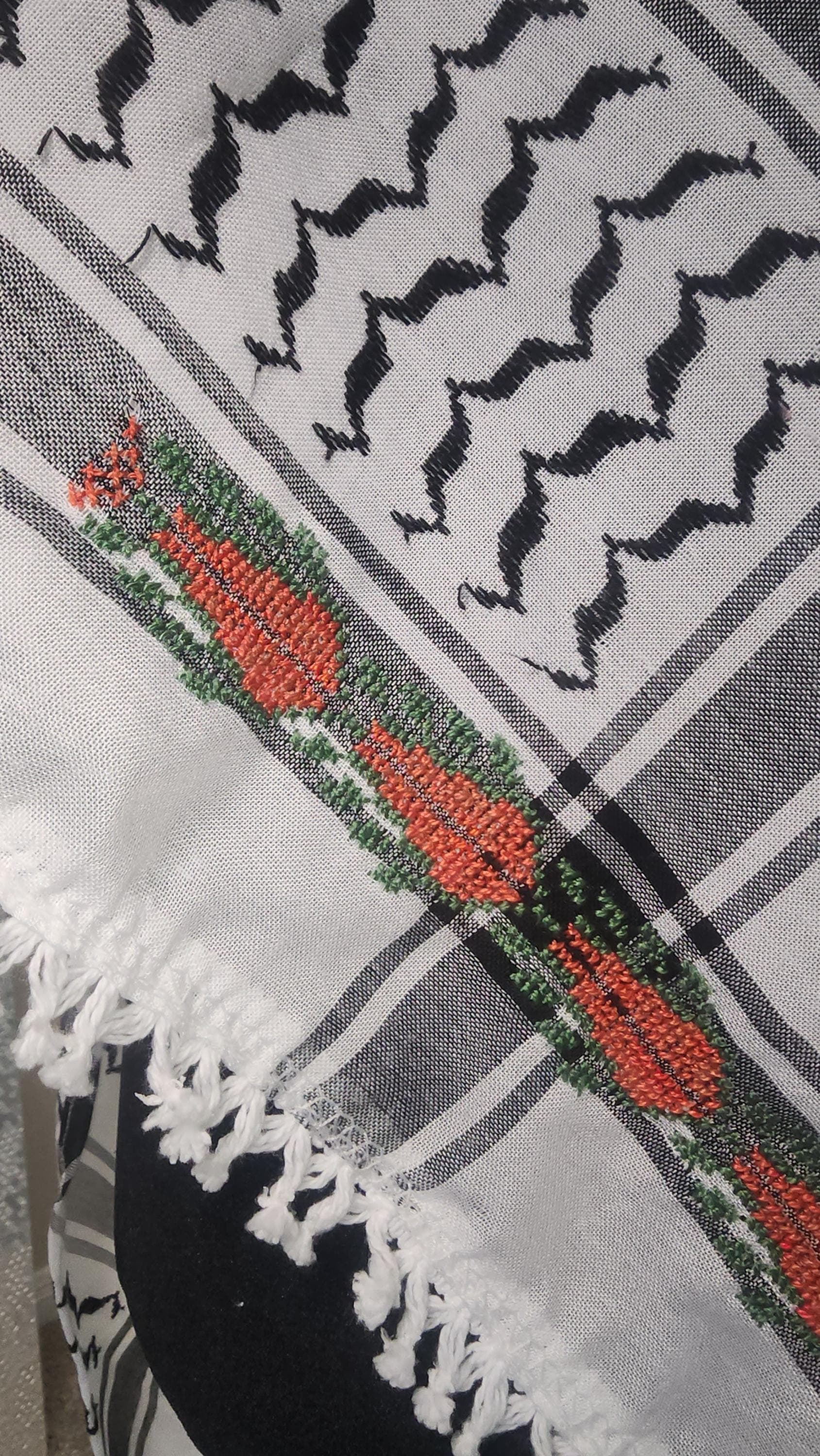 Unisex Palestinian Keffiyeh: Embroidered Half Scarf , sabaleh tatreez pattern dark orange tatreez - image 4