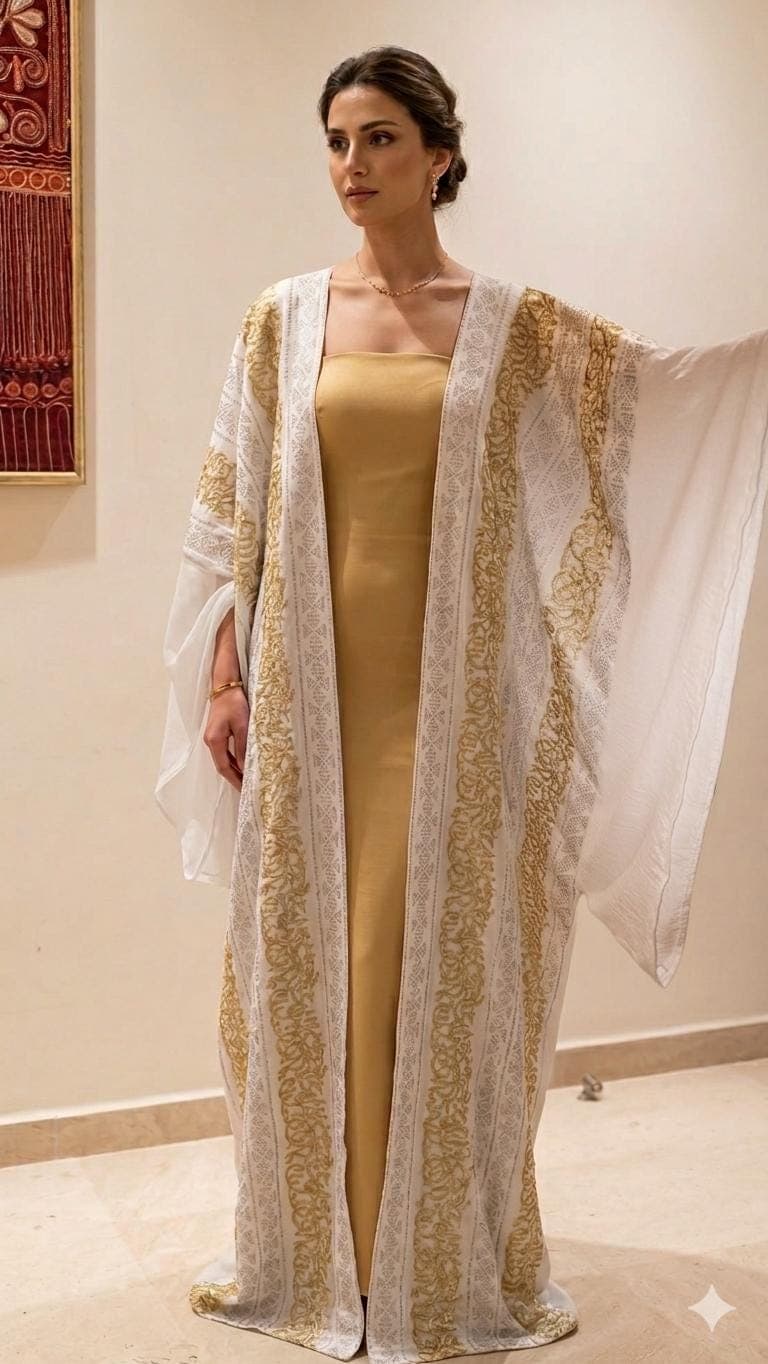 White callegraphy Abaya kimono: Embroidered Middle Eastern cover-up,calligraphy, luxury modest wear