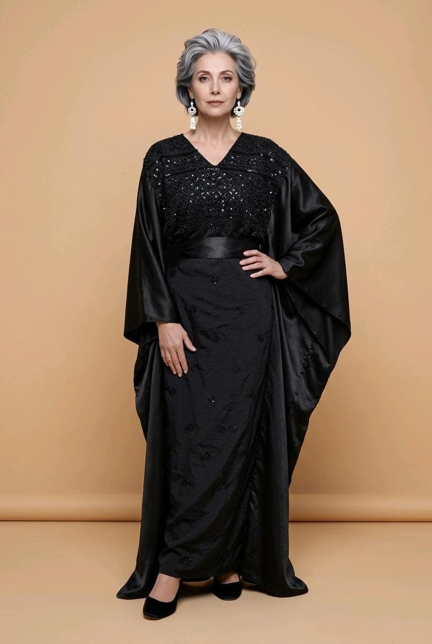Luxury mix fabric embellished dress kaftan-style with belt