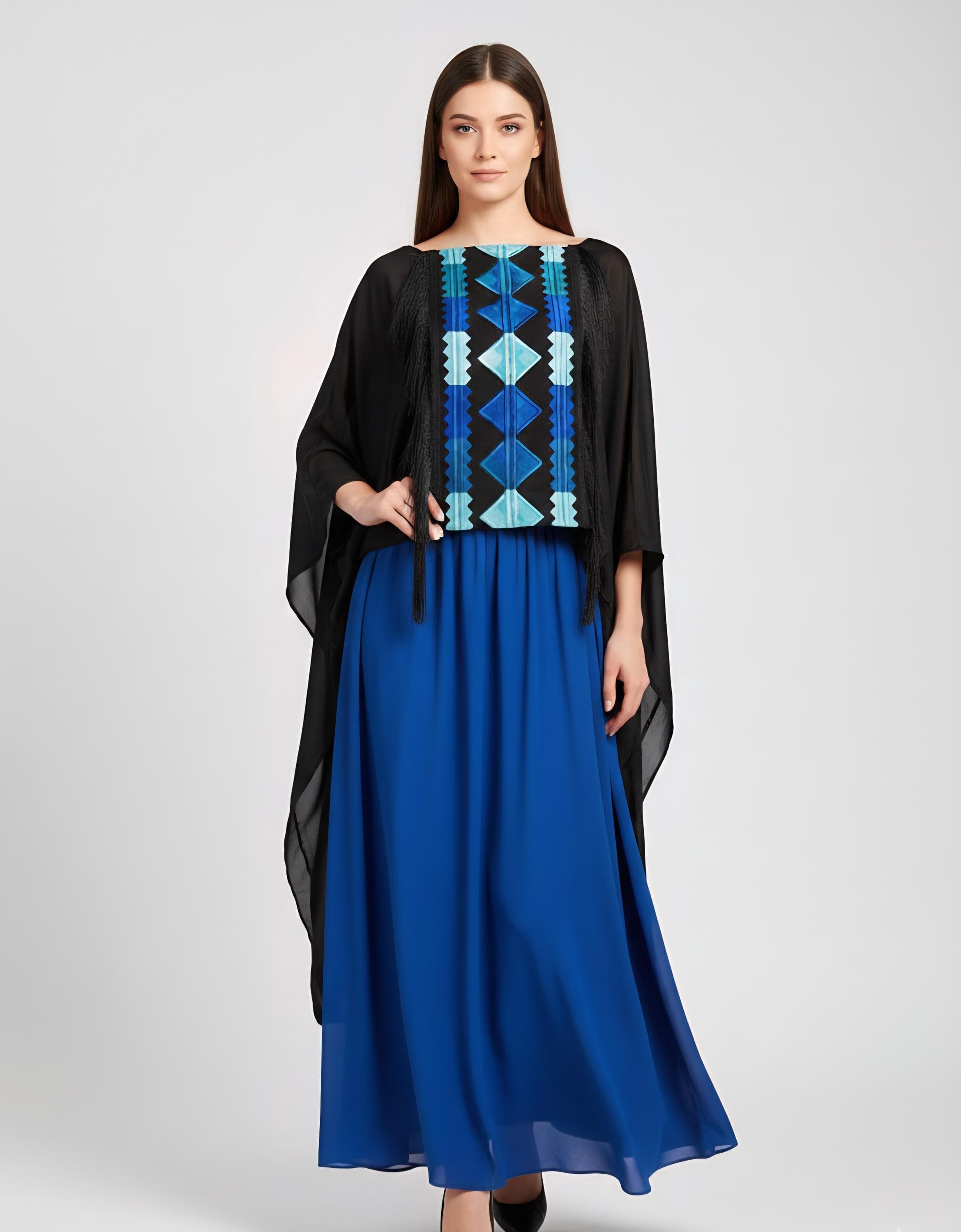 Modern black satin  Top with machine-Embroidered Tatreez Panel | Darzzeh Exclusive