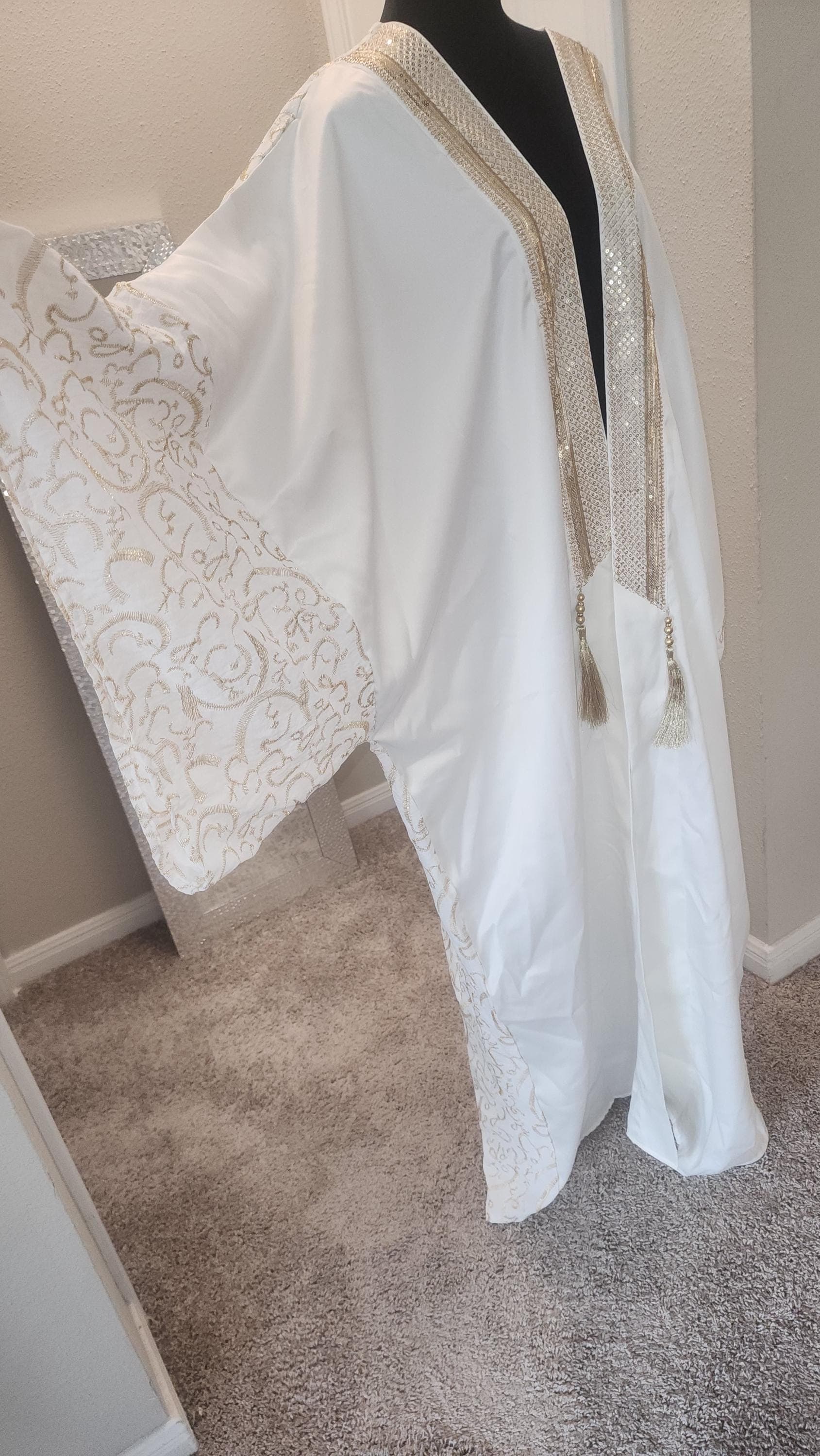 White Satin Abaya Kimono Duster: Gold arabic calligraphy Embroidery, Modest Luxury Cover-up - image 5