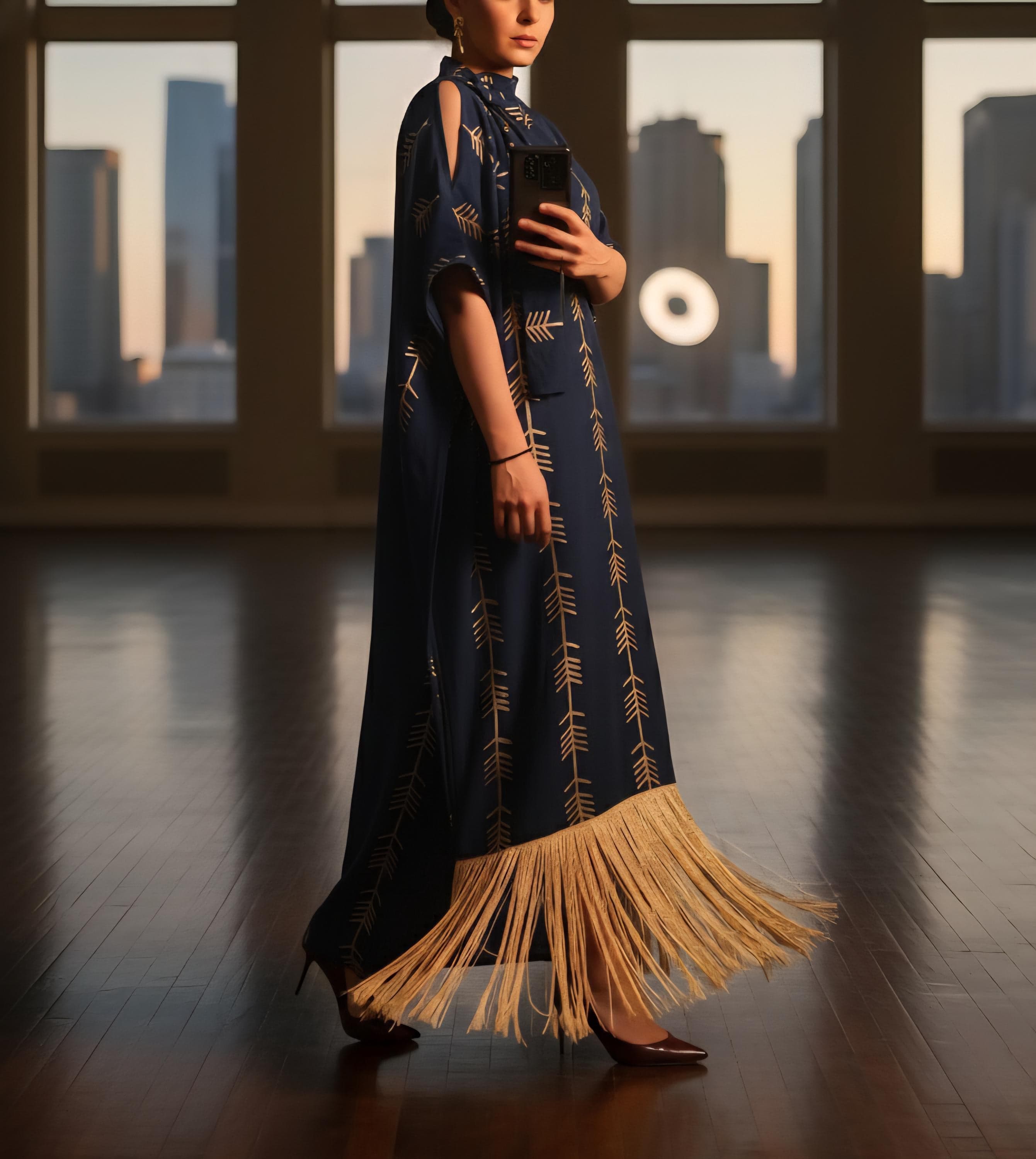 Embroidered Kaftan Dress – Navy Blue Cold-Shoulder Maxi with Gold Fringe