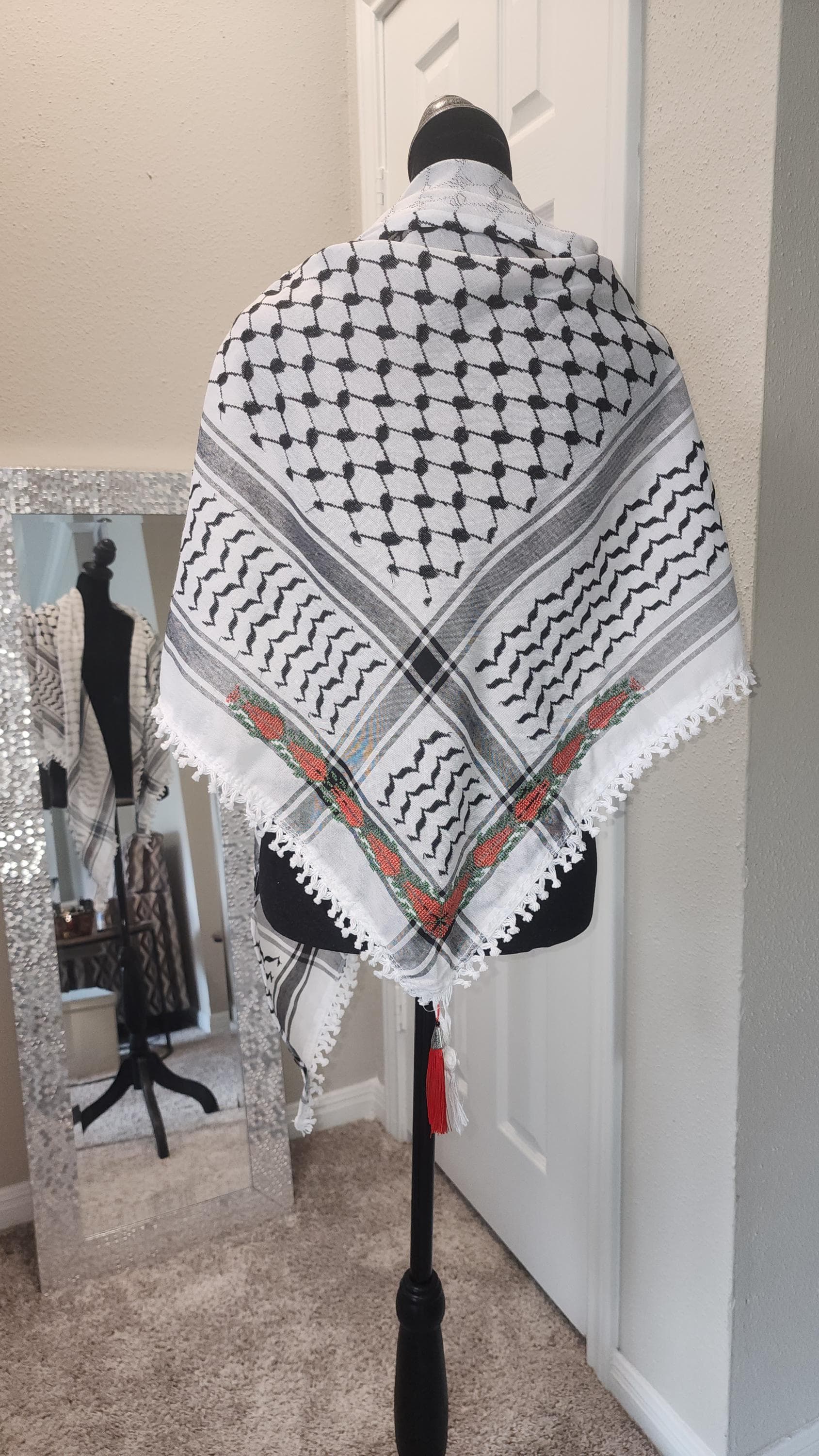 Unisex Palestinian Keffiyeh: Embroidered Half Scarf , sabaleh tatreez pattern dark orange tatreez - image 3