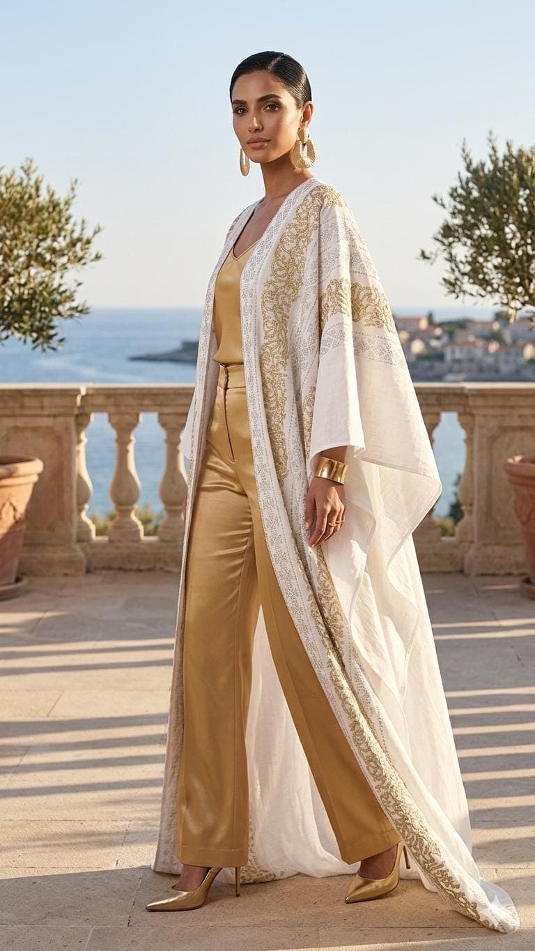 White callegraphy Abaya kimono: Embroidered Middle Eastern cover-up,calligraphy, luxury modest wear - image 3