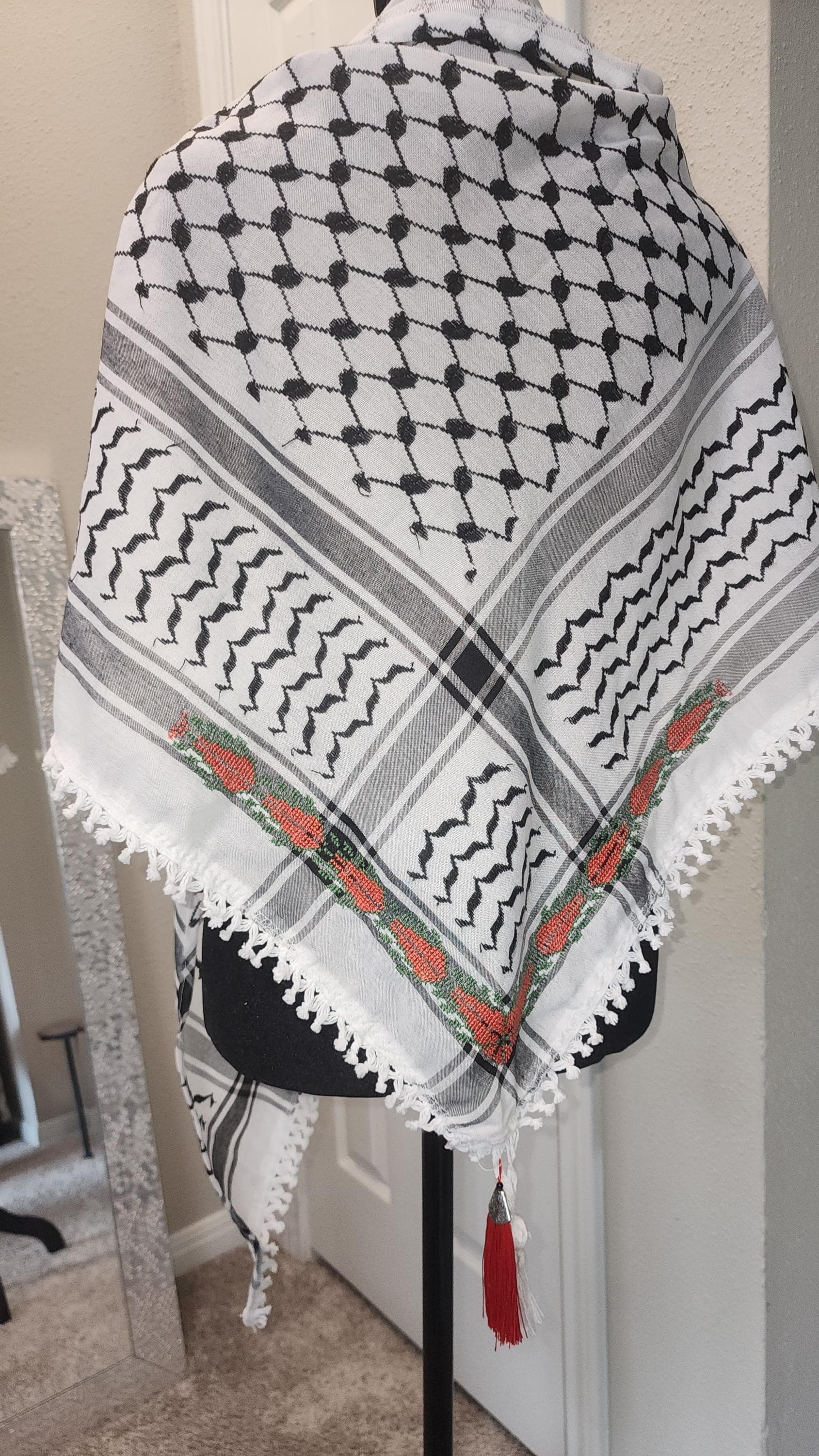 Unisex Palestinian Keffiyeh: Embroidered Half Scarf , sabaleh tatreez pattern dark orange tatreez - image 5