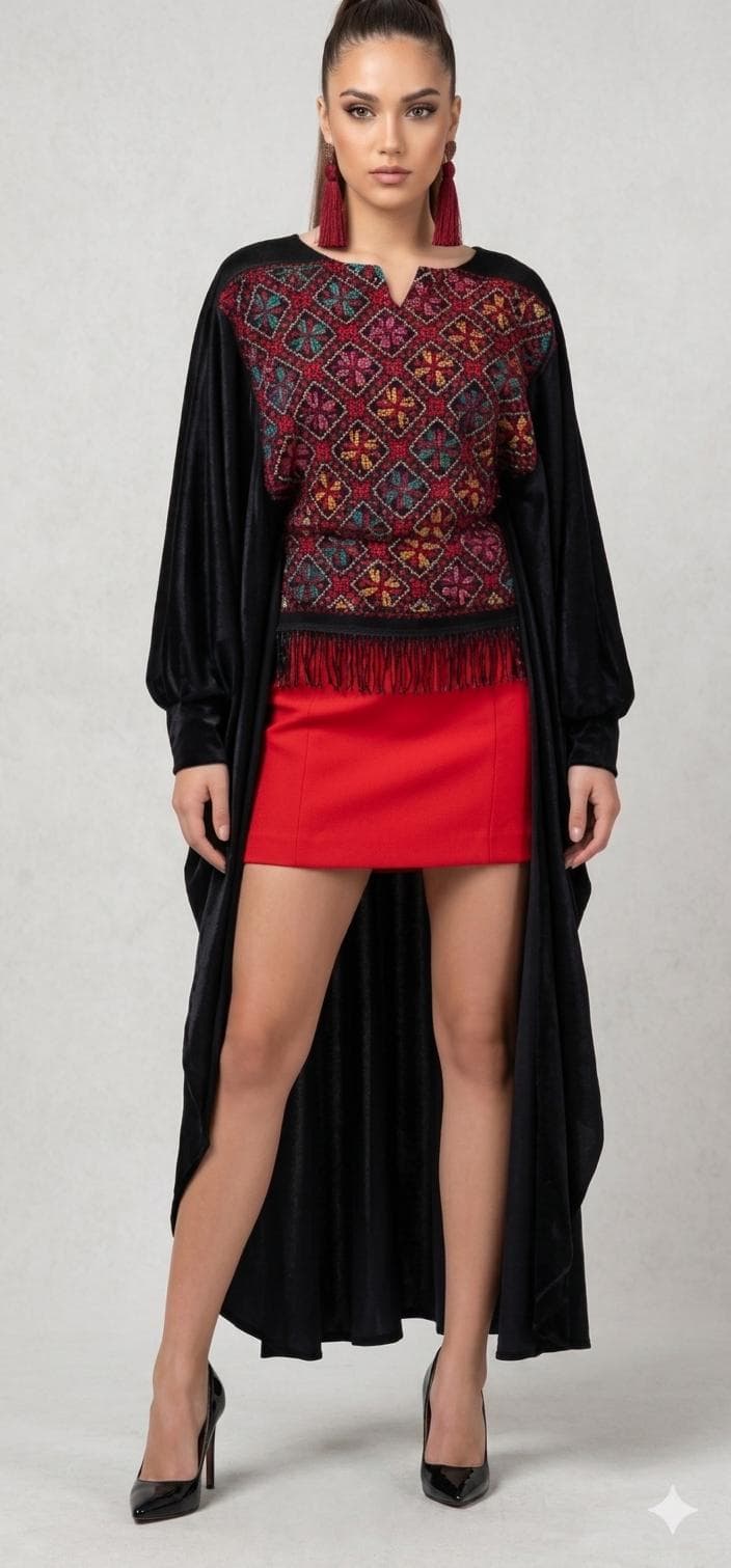 Hand Embroidered Palestinian Tatreez top/abaya/cover-up: Heritage in velvet