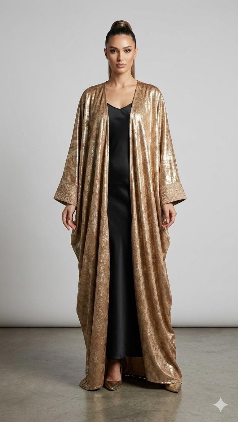 Champagne Gold Metallic Abaya – Embroidered Kimono Kaftan Duster with Tassel Detail - image 3