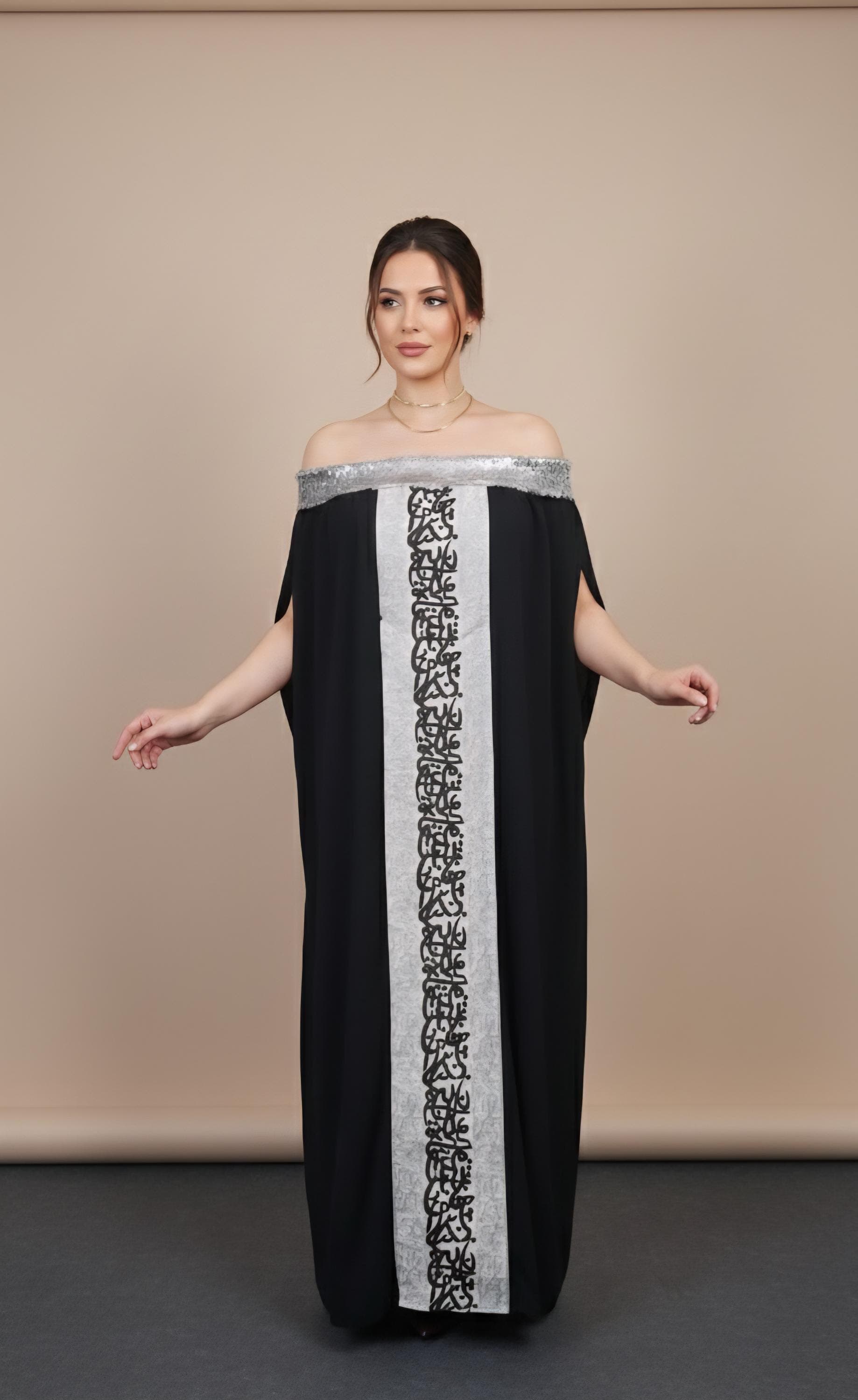 Off-the-Shoulder Kaftan Gown – Black Maxi Dress with Silver Arabic Calligraphy - image 3