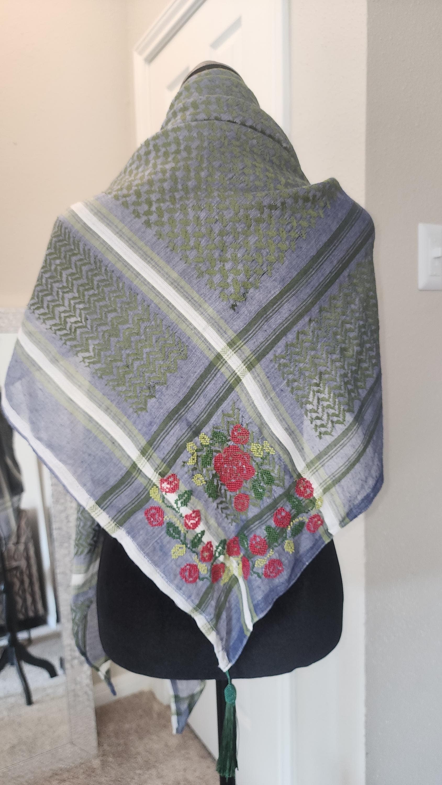 Hand-Stitched blue and green Keffiyeh: Embroidered Half Scarf ,tarreez ,green tassel - image 4