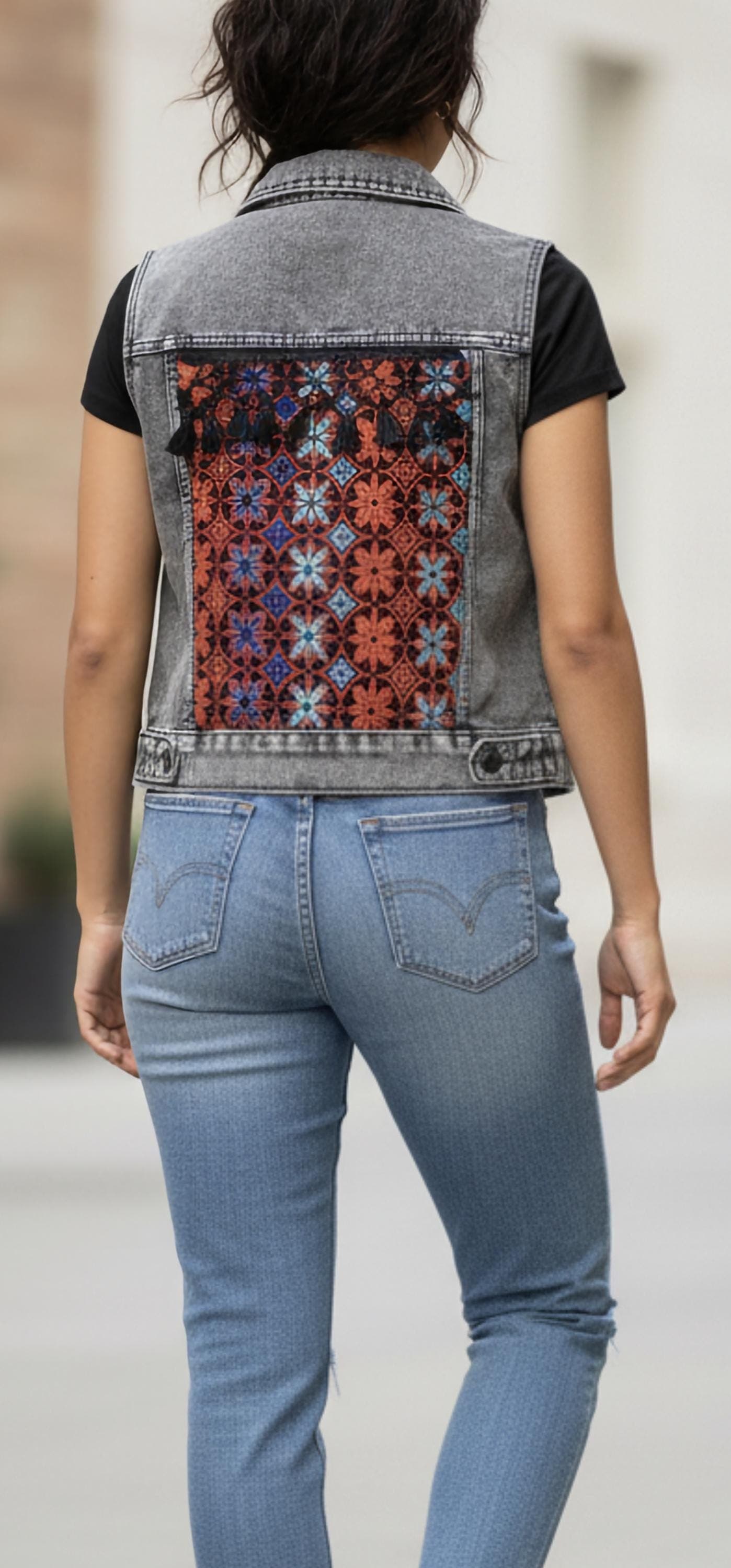 Embroidered Denim Vest: Floral Tatreez Design - Gray Wash , Machine embroidery